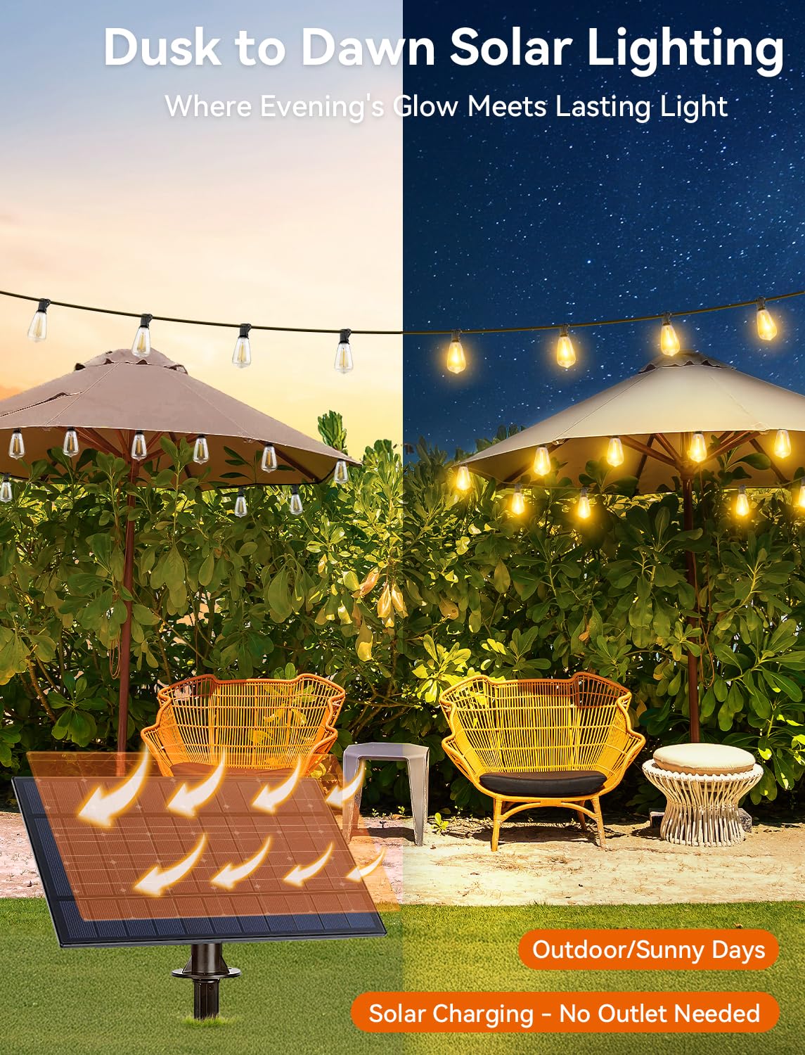 Brightever Solar-Lichterkette für den Außenbereich, wasserdicht, mit Fernbedienung, 55 + 2 bruchsichere ST38-LED-Leuchtmittel, dimmbar & 3 Beleuchtungsmodi, warmweiß, Solar-Terrassenleuchten für