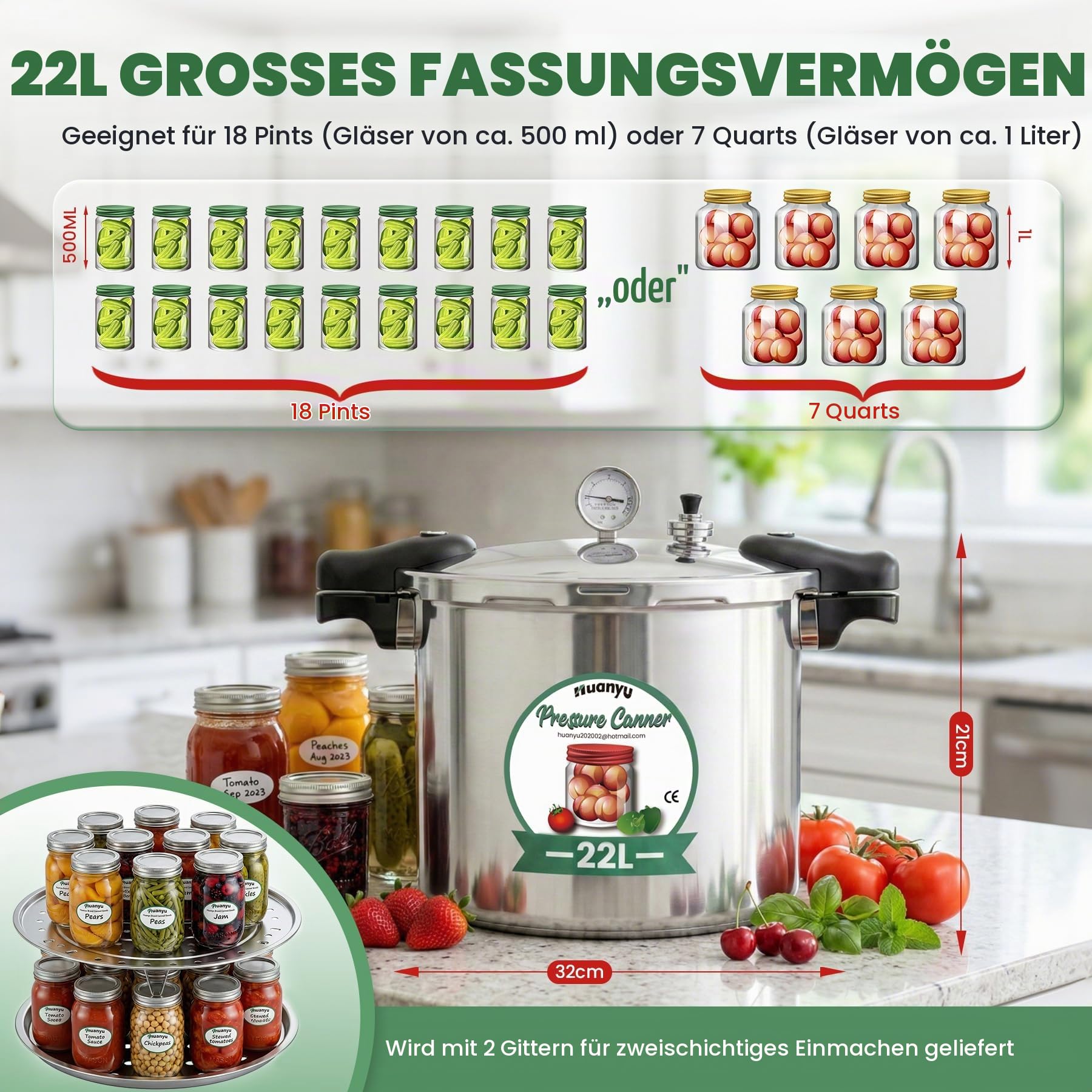Huanyu 22-Liter-Dampfkochtopf mit 5-10-15-PSI-Druckgewicht und Manometer, Sterilisiergerät mit Metallboden, kompatibel mit Induktions- und Gasherden, Multifunktions-Schnellkochtopf und Dampfkochtöpfe