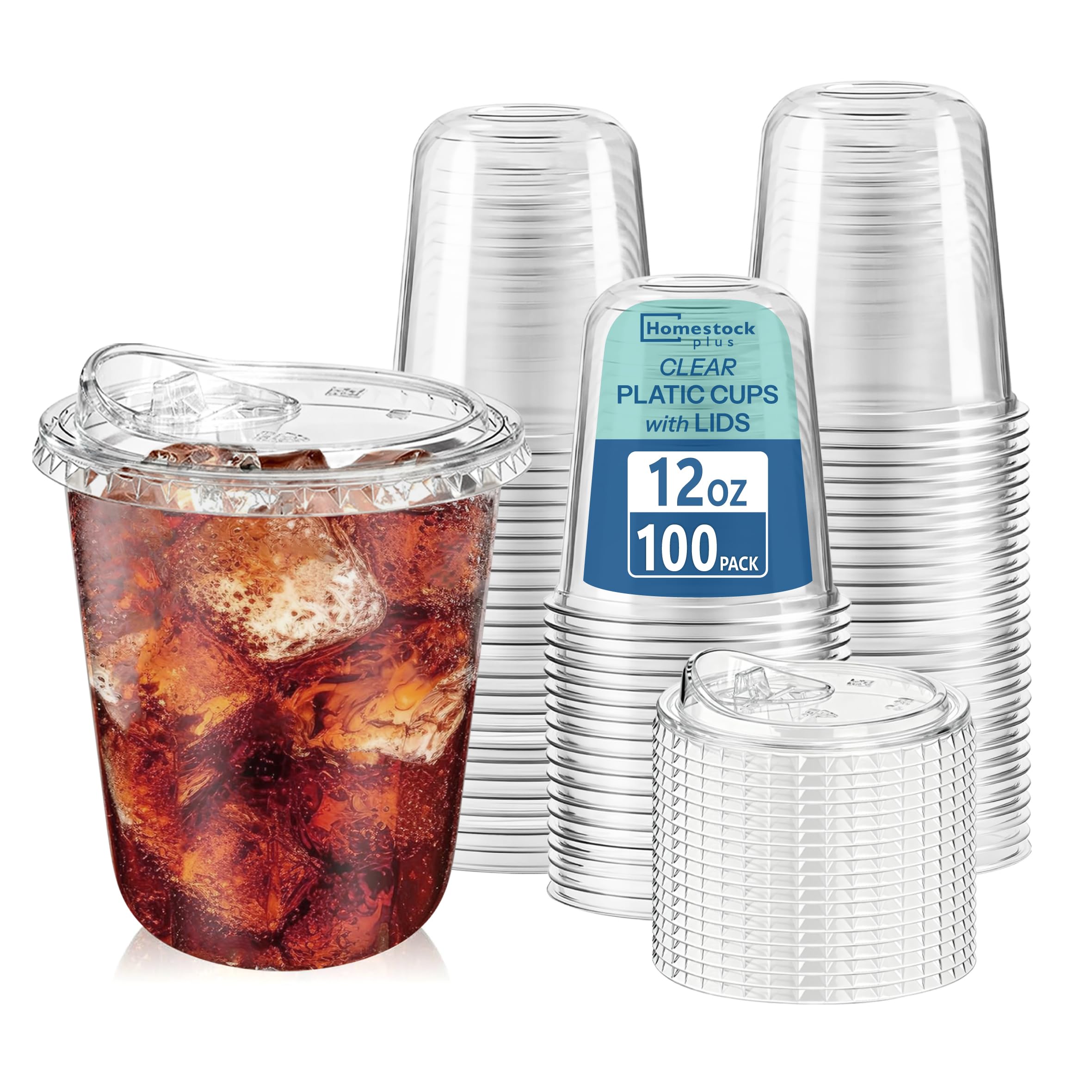Photo 1 of Homestockplus 100 Pack 12 oz BPA-Free Clear Plastic Cups with Sip Lids - Leak-Proof Round Bottom Disposable Iced Coffee Cups for Kids, To-Go Drinks, Smoothies, Juice & Small Portion Cold Beverages