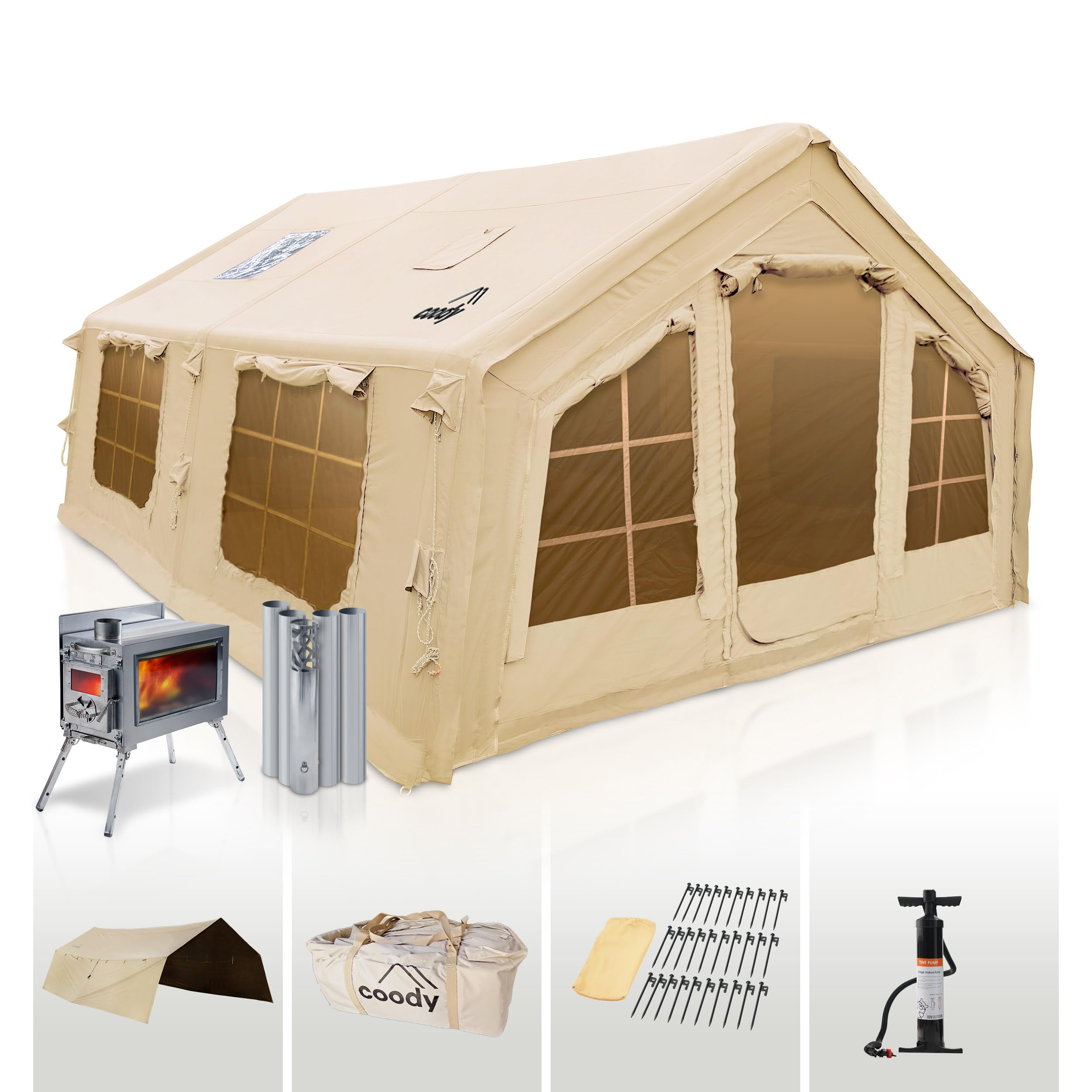 Coody | Rbm Outdoors Koala/Hub/Octopus Inflatable Tents for Camping with Stove Jack, 2/8/10 Person Luxury Canvas Blow Up Tent, 2 Room, Easy Setup Casa de Campaña, Large Inflatable House with Pump