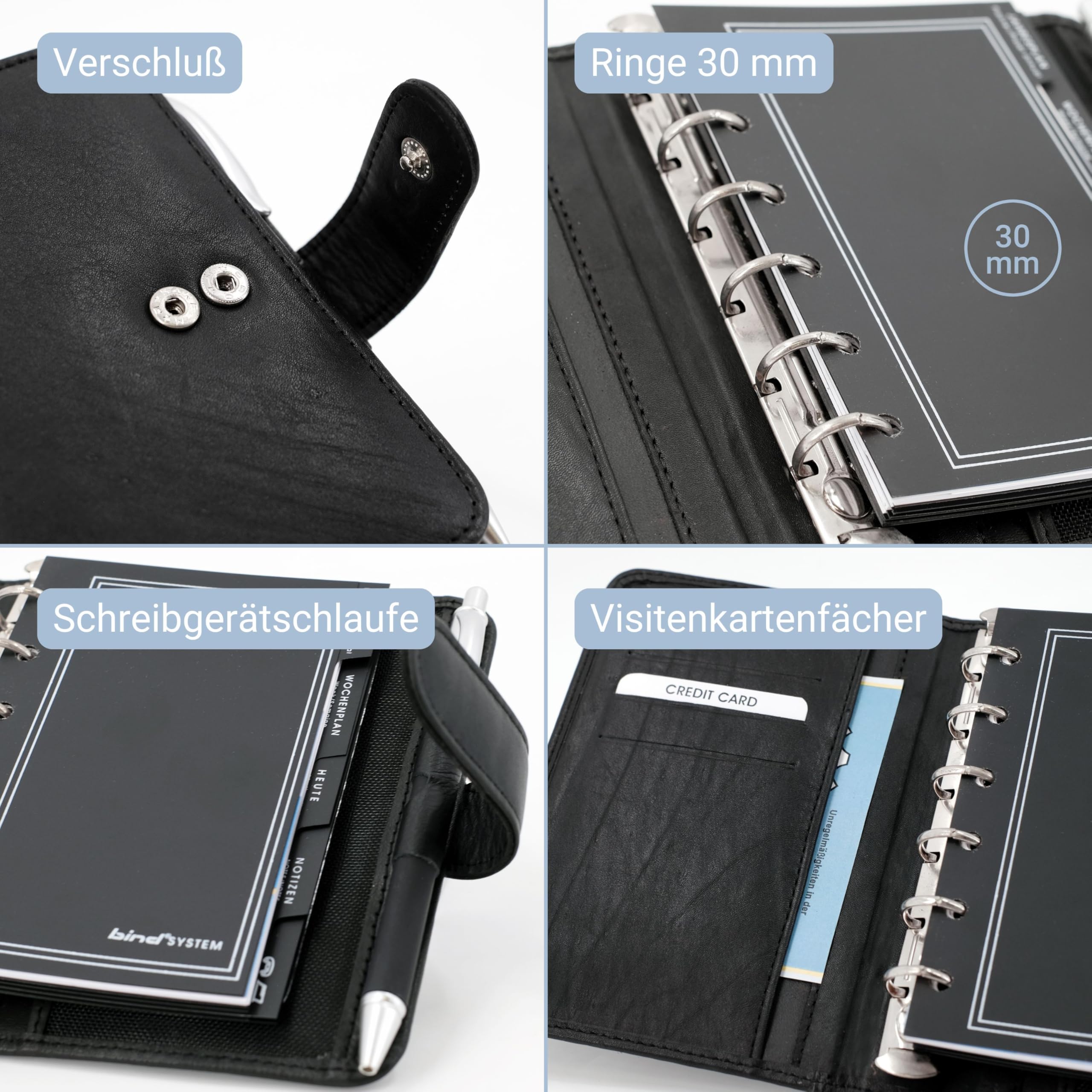 Bind - 77 T Mini Sistema Planner A7 Incl 1 Settimana = 2 Pagine Calendario, Vera Pelle Nera