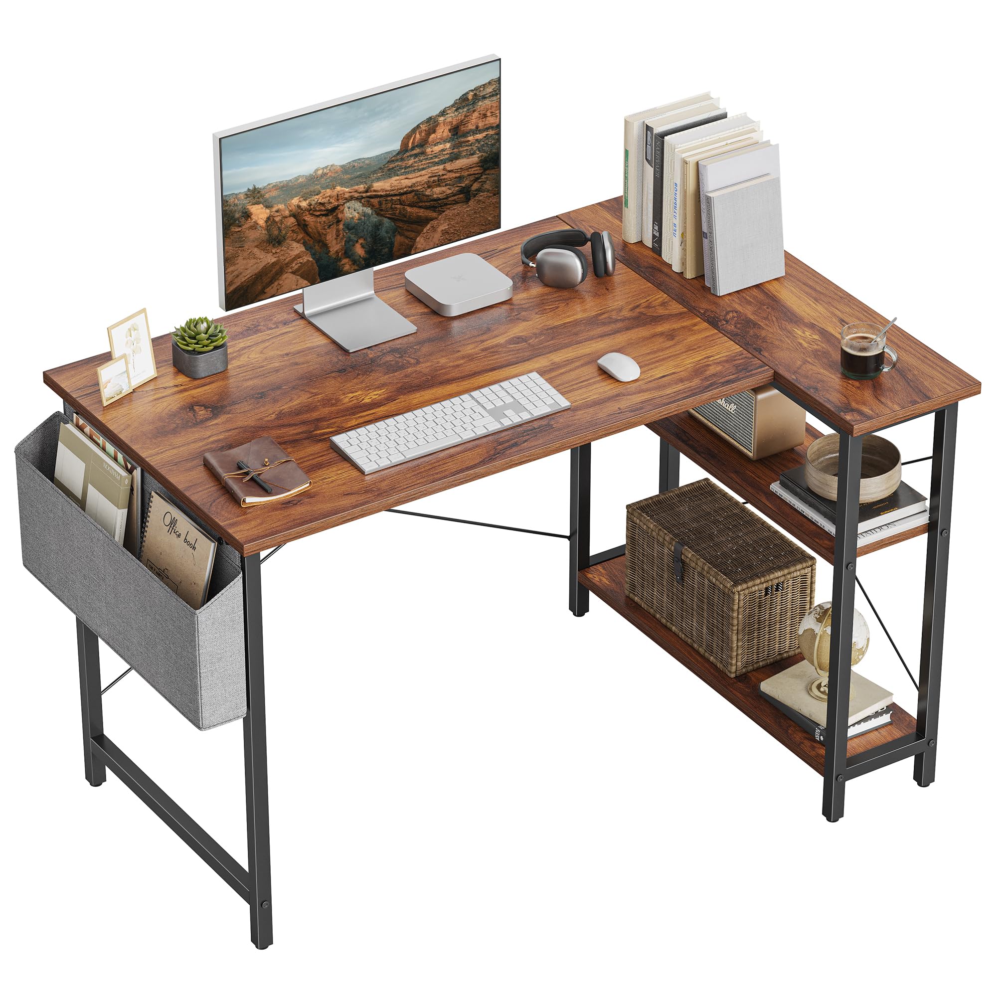 CubiCubi L Shaped Desk, 47 Inch Computer Desk with Reversible Storage Shelves Home Office Corner Desk Study Writing Table, Rustic Brown