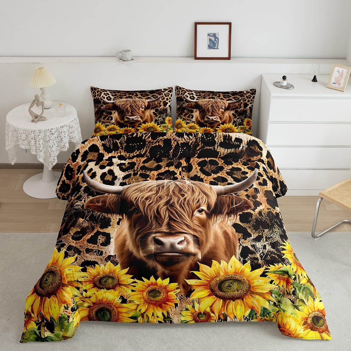 Feelyou Leopard Print Highland Cow Comforter Set Floral Highland Cow Bedding Set Queen Size for Boys Girls Bedroom Bed Decor Brown Cheetah Print Comforter Farmhouse Quilt Set for All Season