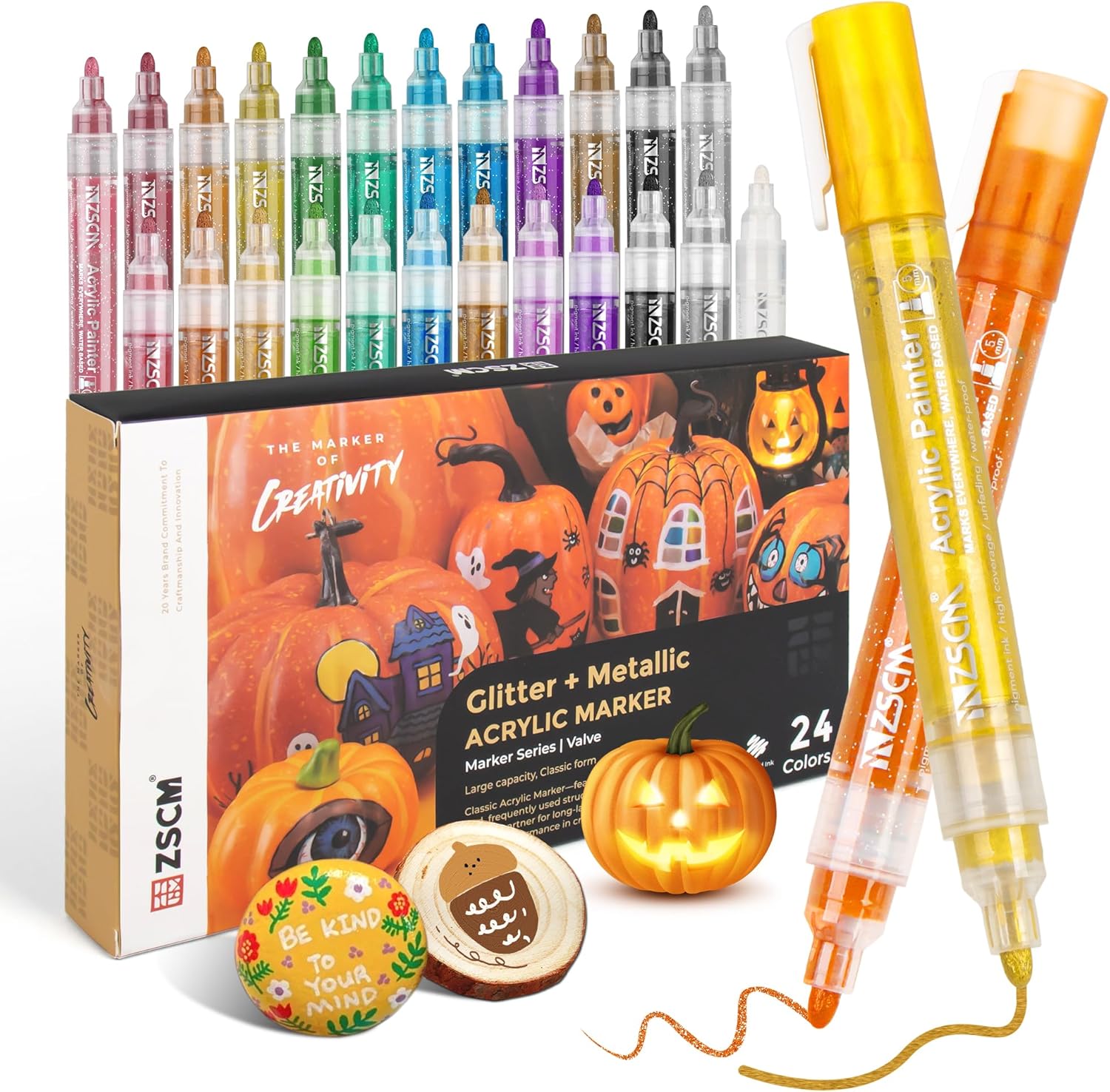 Paint Pens Acrylic Markers, ZSCM 24 Colors Paint Markers for Halloween Pumpkin Painting Kit, Glitter & Metallic Art Marker, for Adults Card Making, Rocks Painting, Wood Slices, Pumpkin Decoration