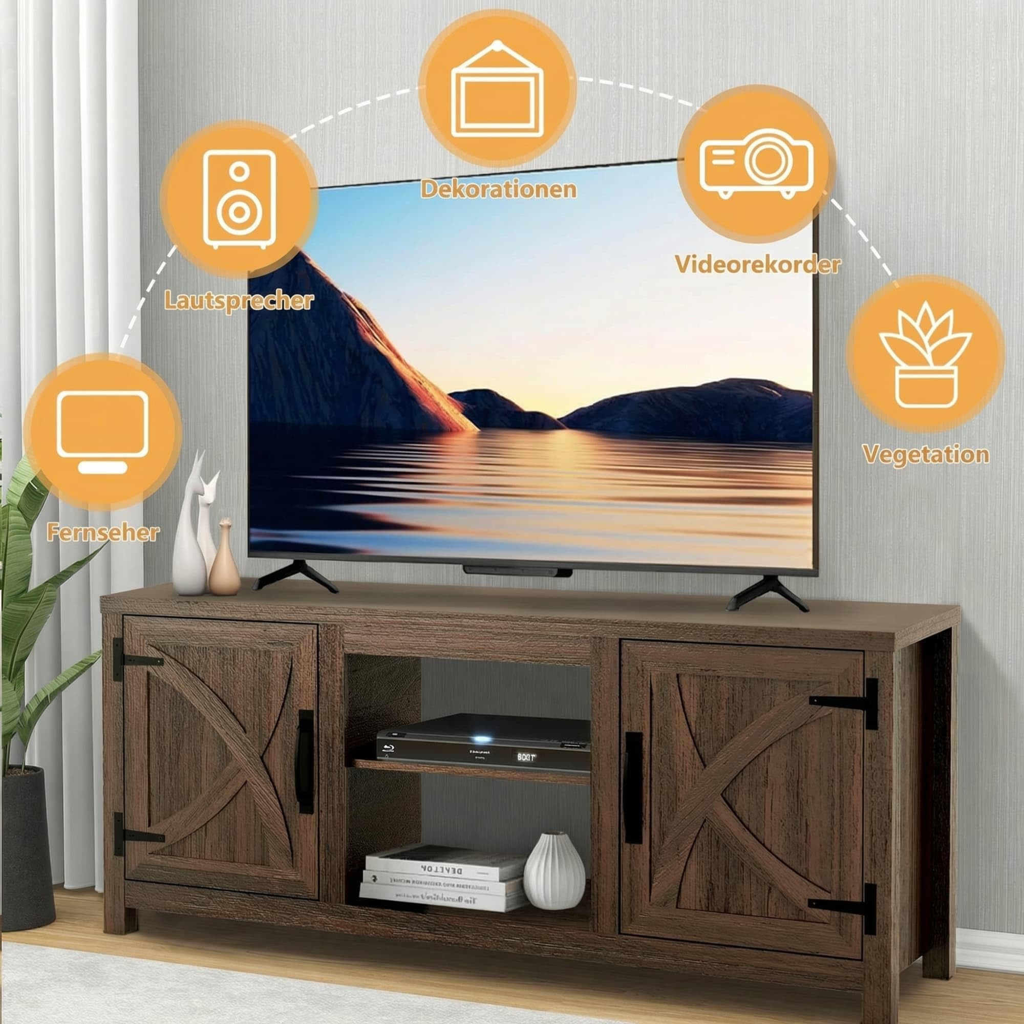 Parrot Uncle 58 Zoll TV-Ständer für Fernseher bis 65 Zoll, Media-Entertainment-Center mit Aufbewahrungsschränken, Braun moderner TV-Schrank für Wohnzimmer