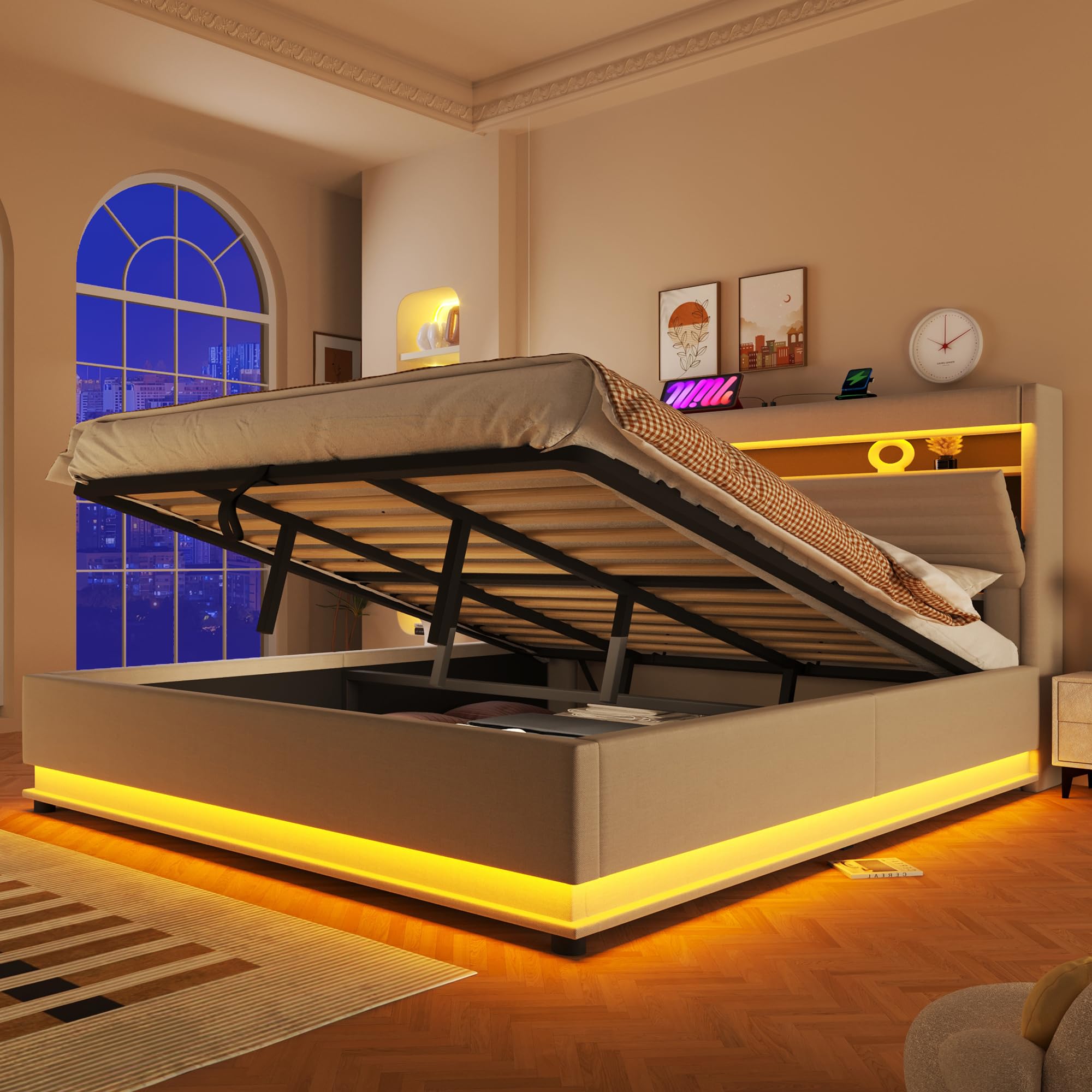 Cama 180x200 cm Camas Matrimoniales con Carga USB y LED, Cama Tapizada Matrimonio con Cabecero de Almacenamiento y Almacenaje Hidráulico, Camas Doble, Lamas Madera, Lino, Sin Colchón, Beige