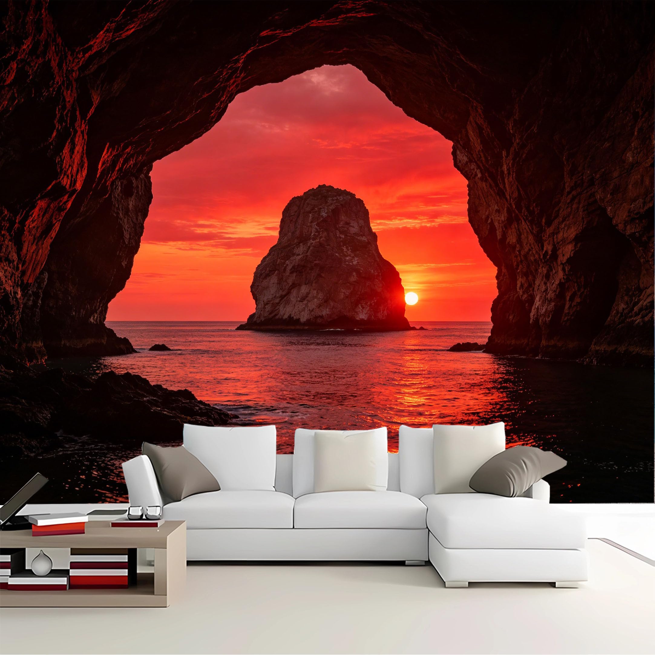 Custom Size Wall Mural Cave View Ocean Sunset Removable Self Adhesive Peel and Stick Wallpaper for Bedroom Living Room Dining Room