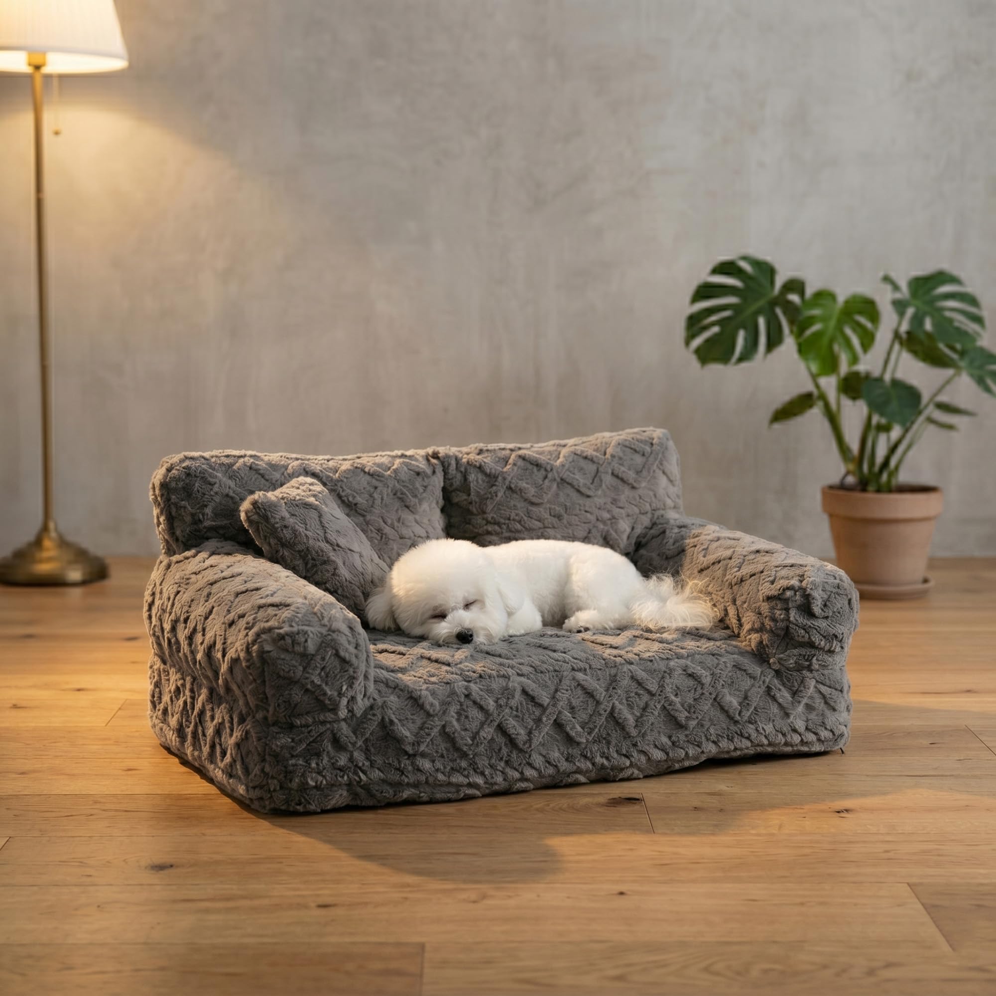 Plush Calming Pet Sofa Bed with Removable Cover – Cozy, Machine-Washable for Dogs & Cats, Supportive Dog Couch With Non-Slip Bottom (Gray, S)