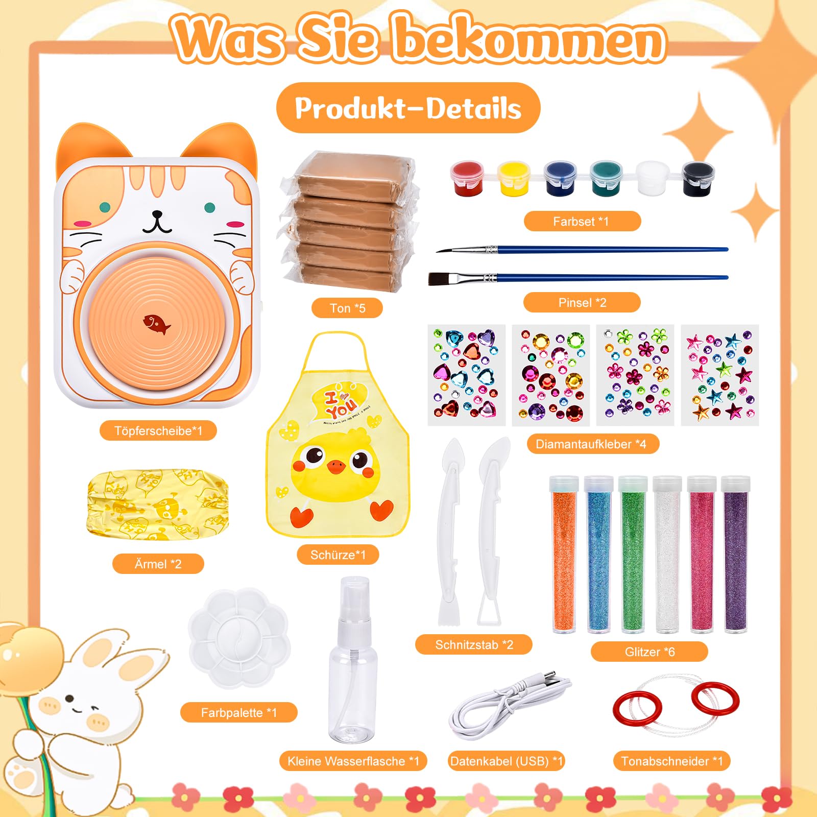 IEEILULU Töpferset für Kinder, Töpferscheibe Elektrisch für Kinder, Mini Töpferscheibe mit Töpferton, Farben, Diamant Aufkleber, Pottery Set DIY Töpfern Bastelset Geschenke Mädchen (Kaninchen)
