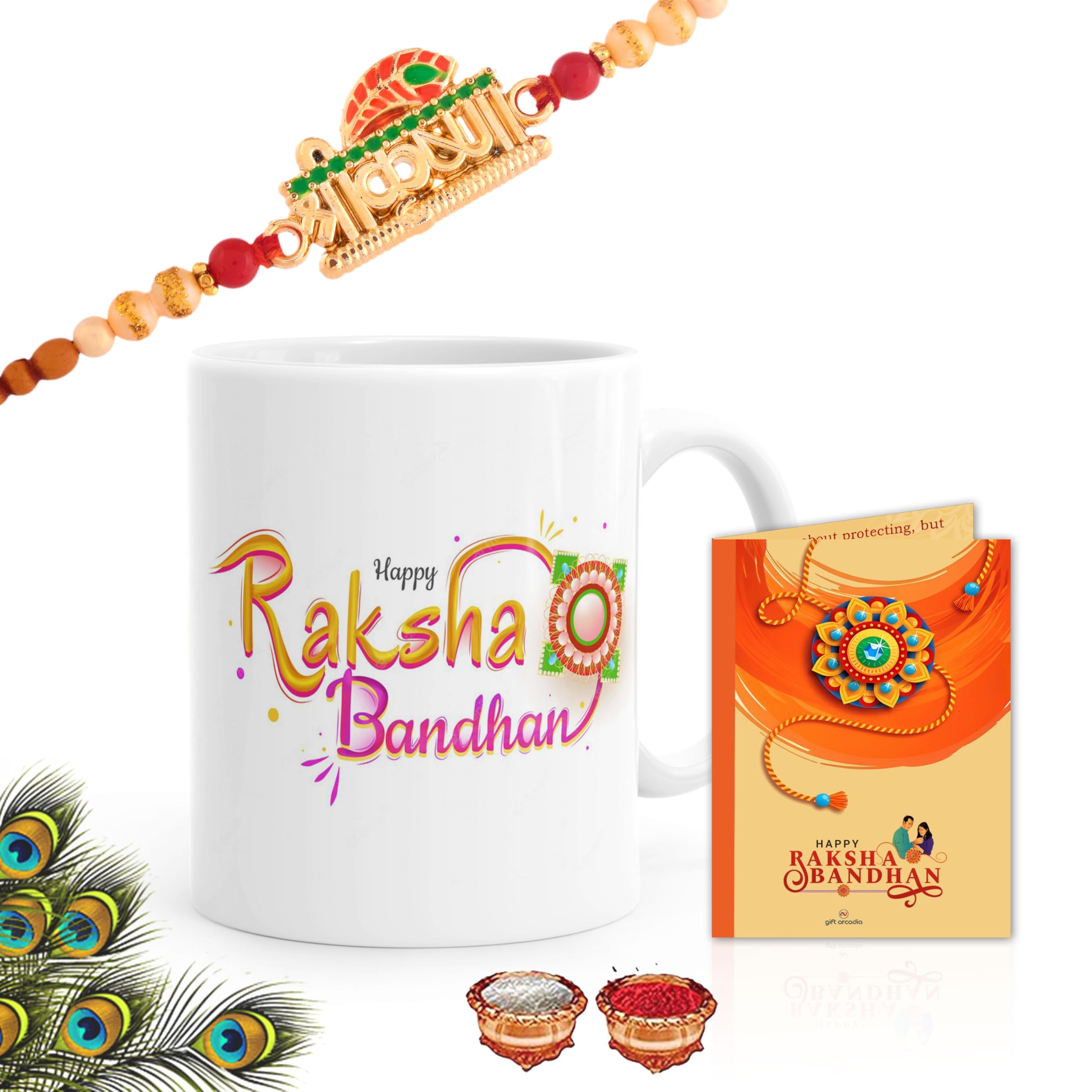 Gift Arcadia Rakhi for Brother with Printed Ceramic Mug and Rakhi Combo |Pack of 4 (Roli Chawal, Rakhi, Printed Mug,) | Best Rakhi Gift for Brother Printed Happy RAKSHA BANDHAN.