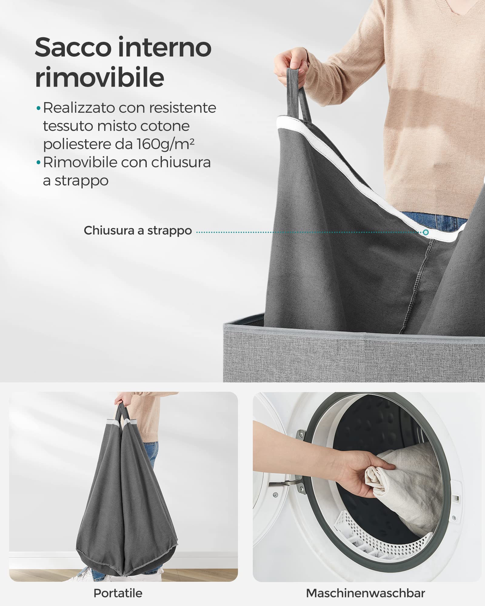 SONGMICS Cesto Portabiancheria, 142L, a 2 Scomparti, Coperchio Magnetico | Cesta Biancheria, in Simil Lino, Pieghevole, Organizza per Tipo, Sacco Rimovibile, Maniglie, Grigio, Collezione TINA LCB02G