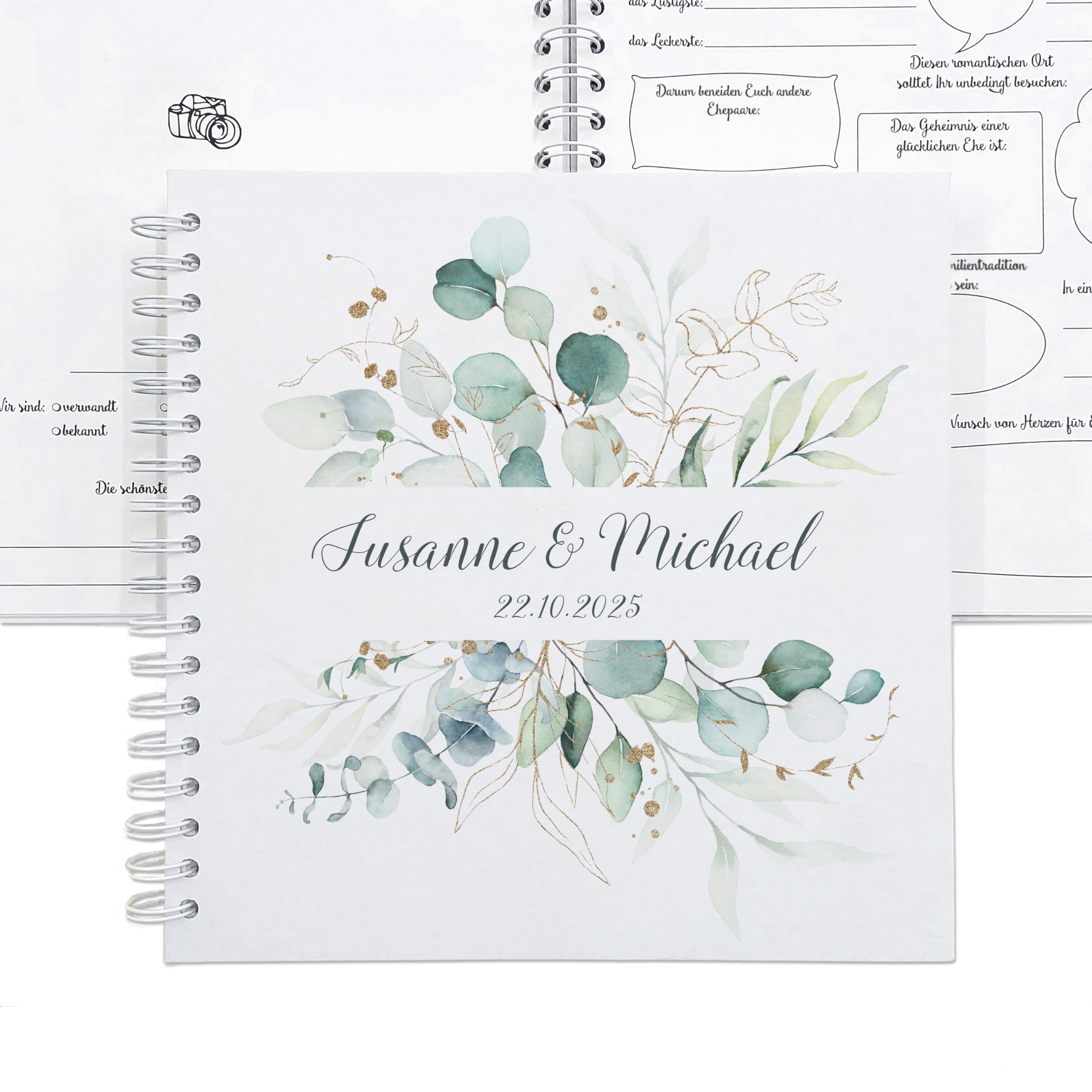 Gästebuch Hochzeit Eukalyptus mit Fragen, Hochzeitsgästebuch mit Namen des Brautpaares personalisiert, Ringbuch 25x25 cm zum Ausfüllen mit Spiralbindung, Feenstaub