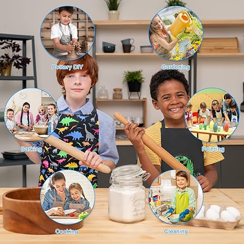 Miniatura 3 de Paquete de 2 delantales de dinosaurio para niños, delantales de unicornio arcoíris para cocinar, pintar, delantal de chef de cocina para niños de 3