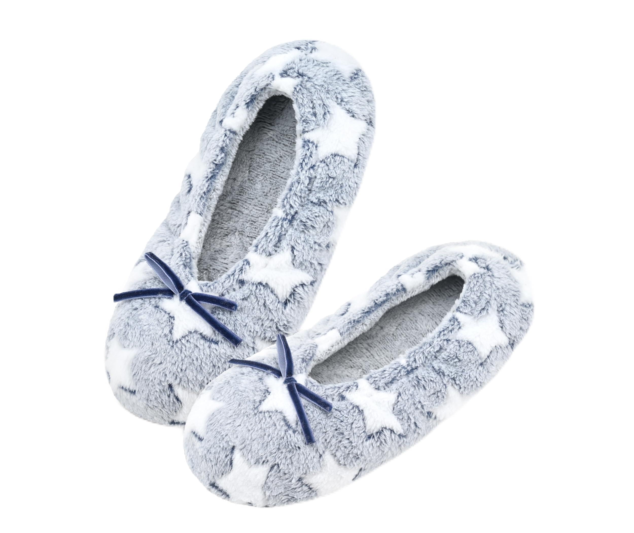 Keyela Women's Ballerina House Slippers with Soft Tie Bow and Suede Sole, Non-Slip Bedroom Slippers Socks