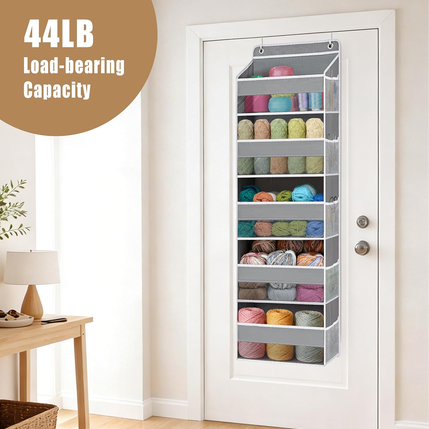 Hanging Yarn Storage Organizer, Large Capacity Knitting Organizer Storage & 5 Mesh Side Pockets, Over the Door Organizer for Crochet Accessories & Knitting Supplies,Gray