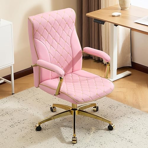 Furniliving Silla de oficina rosa y dorada, sillas de oficina de cuero, silla de tocador ajustable con patas doradas y reposabrazos acolchado,