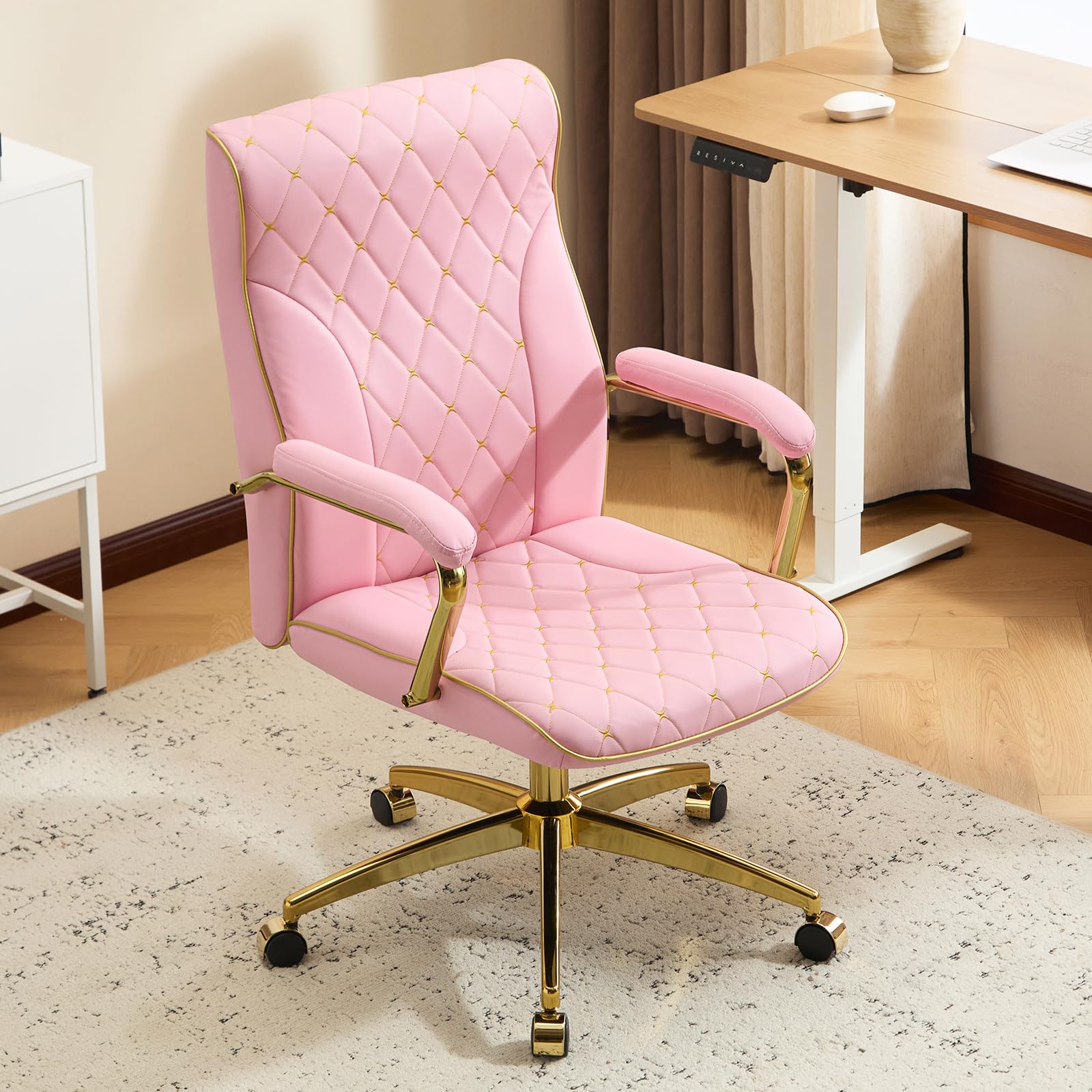 Furniliving Pink and Gold Office Chair, Leather Office Chairs, Adjustable Vanity Chair with Golden Legs and Padded Armrest, Modern Upholstered