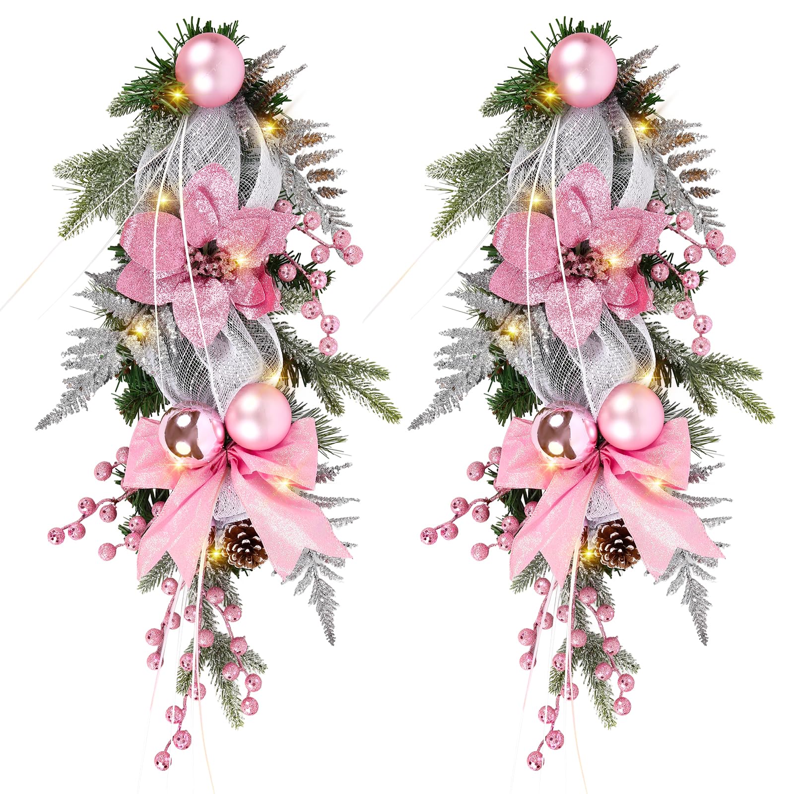 IPOPU Paquete de 2 guirnaldas de lágrima de Navidad, coronas de lágrima iluminadas de 25.5 pulgadas con lazo, bayas rojas, piña, guirnaldas de Navidad colgantes para puerta, ventana, chimenea