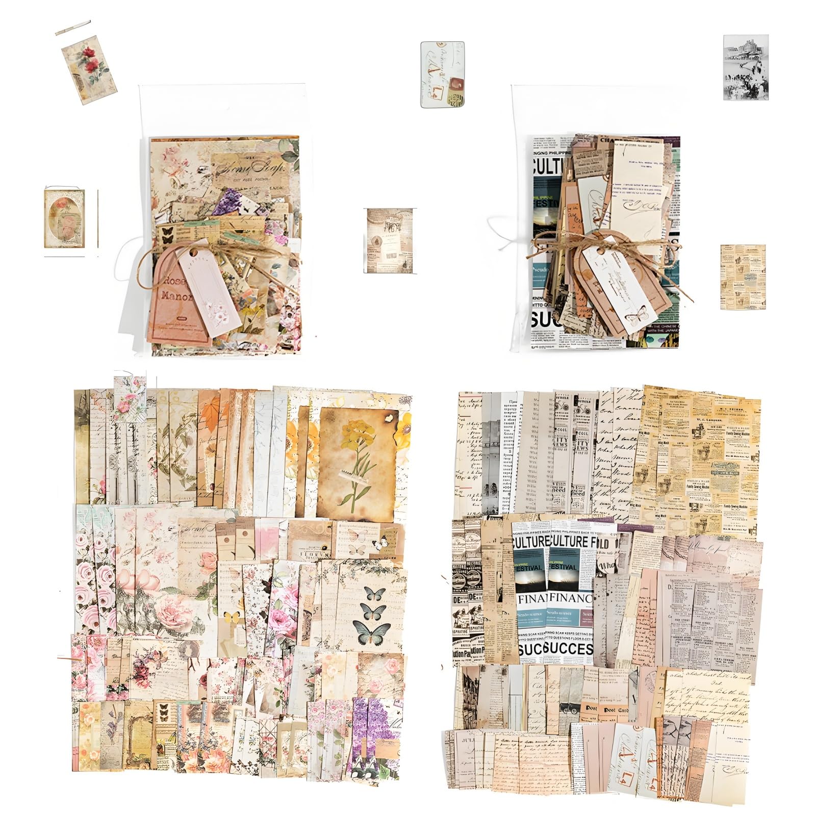 200Pcs Vintage Scrapbook Supplies Kit Junk Journal Paper Mixed Media Collage Card Making Kits for Adults Bullet Journal Planner & DIY Crafting Supplies - Rose Manor Morning Newspaper Theme