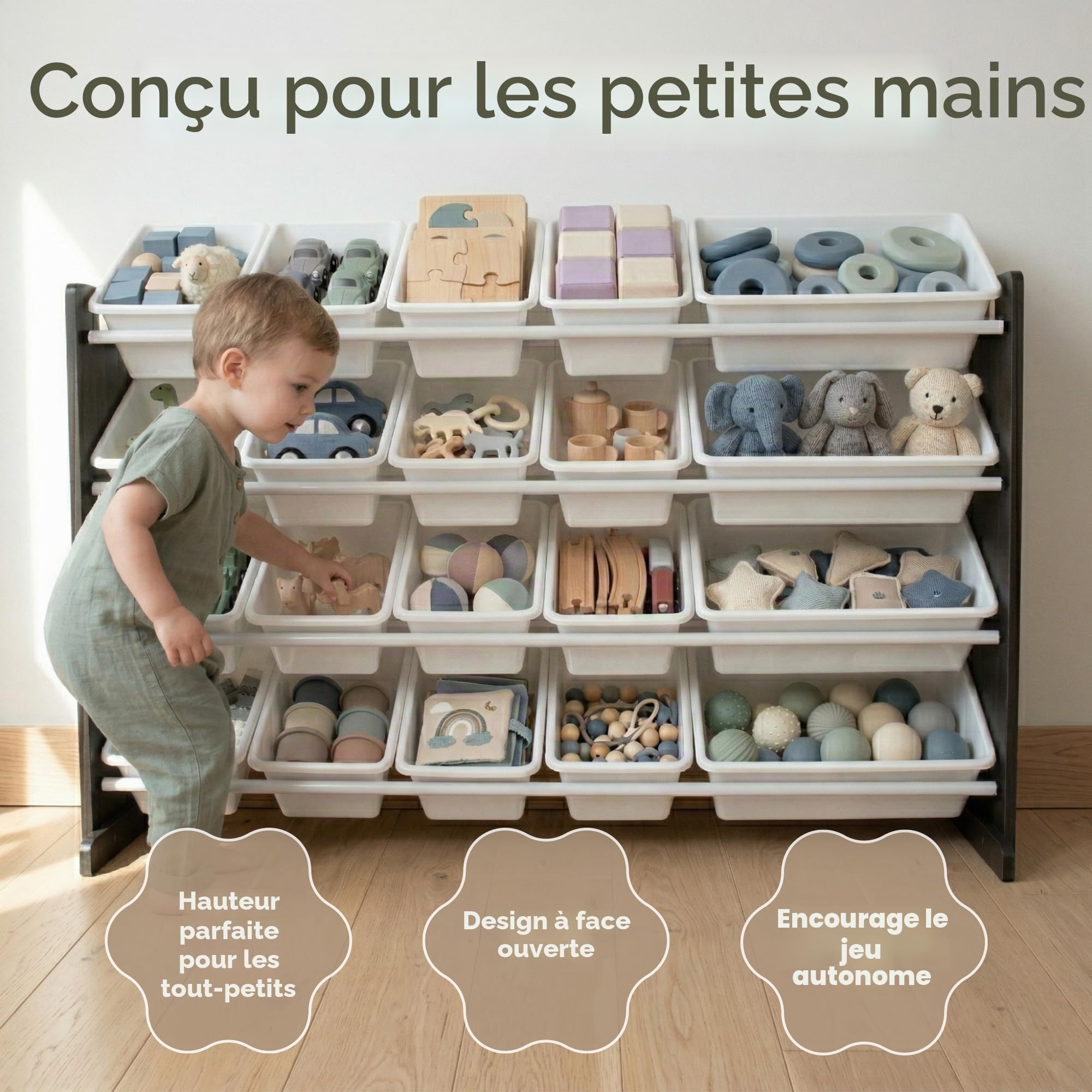 Humble Crew Étagère pour enfants, étagère et organisateur de jouets avec 20 boîtes de rangement, marron foncé/blanc