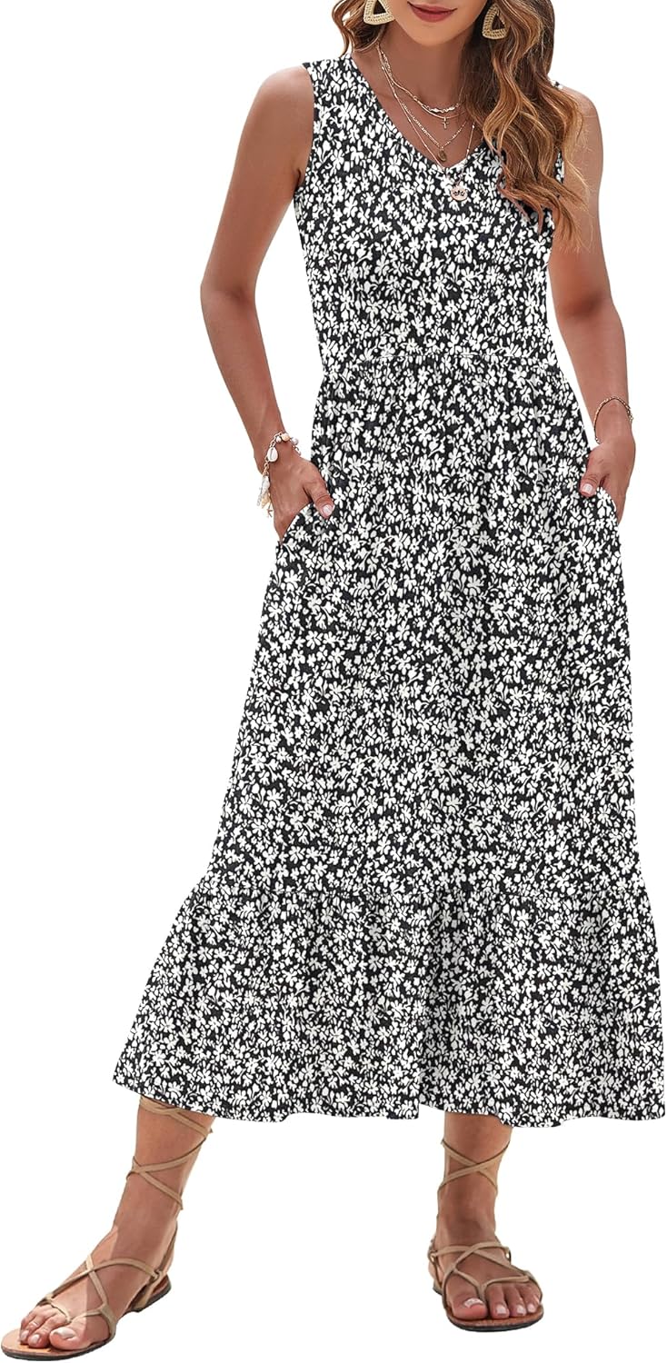 AUSELILY Womens Maxi Dress 2025 Sleeveless Summer Dresses V Neck Casual Tiered Sundresses with Pockets