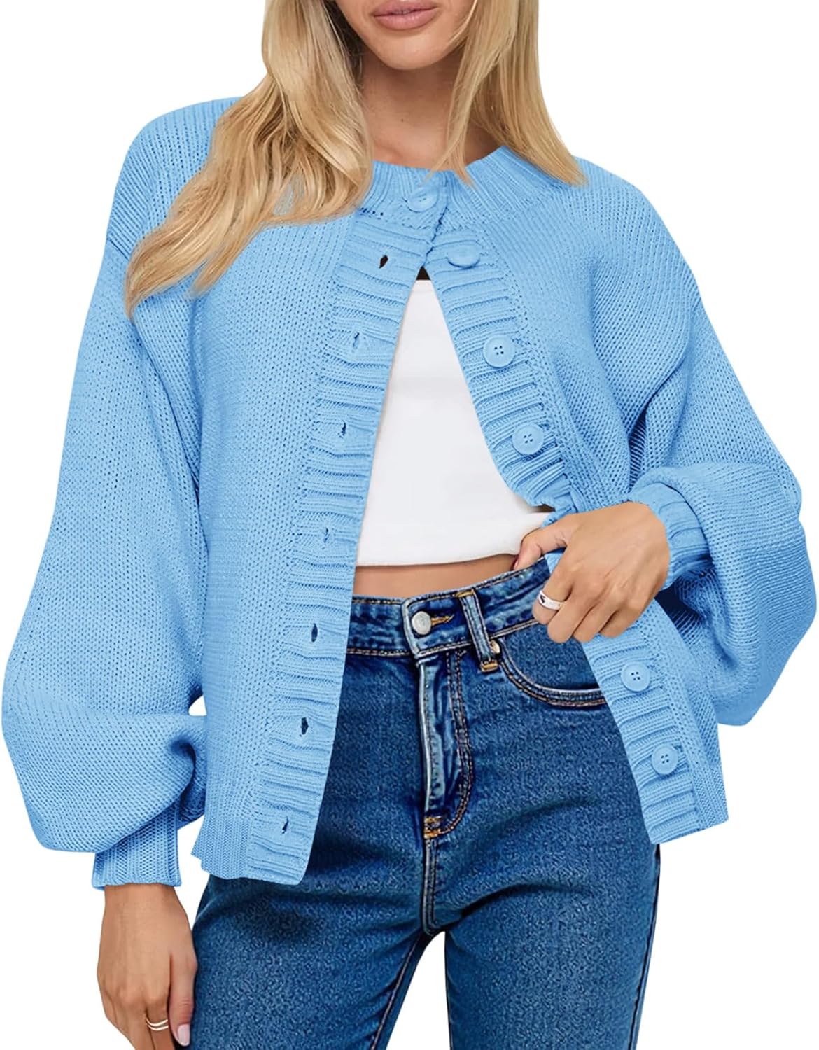 Saodimallsu Womens Long Sleeve Button Down Cardigan Sweaters Crew Neck Open Front Knit Casual Loose Fit Fall Sweater Coat