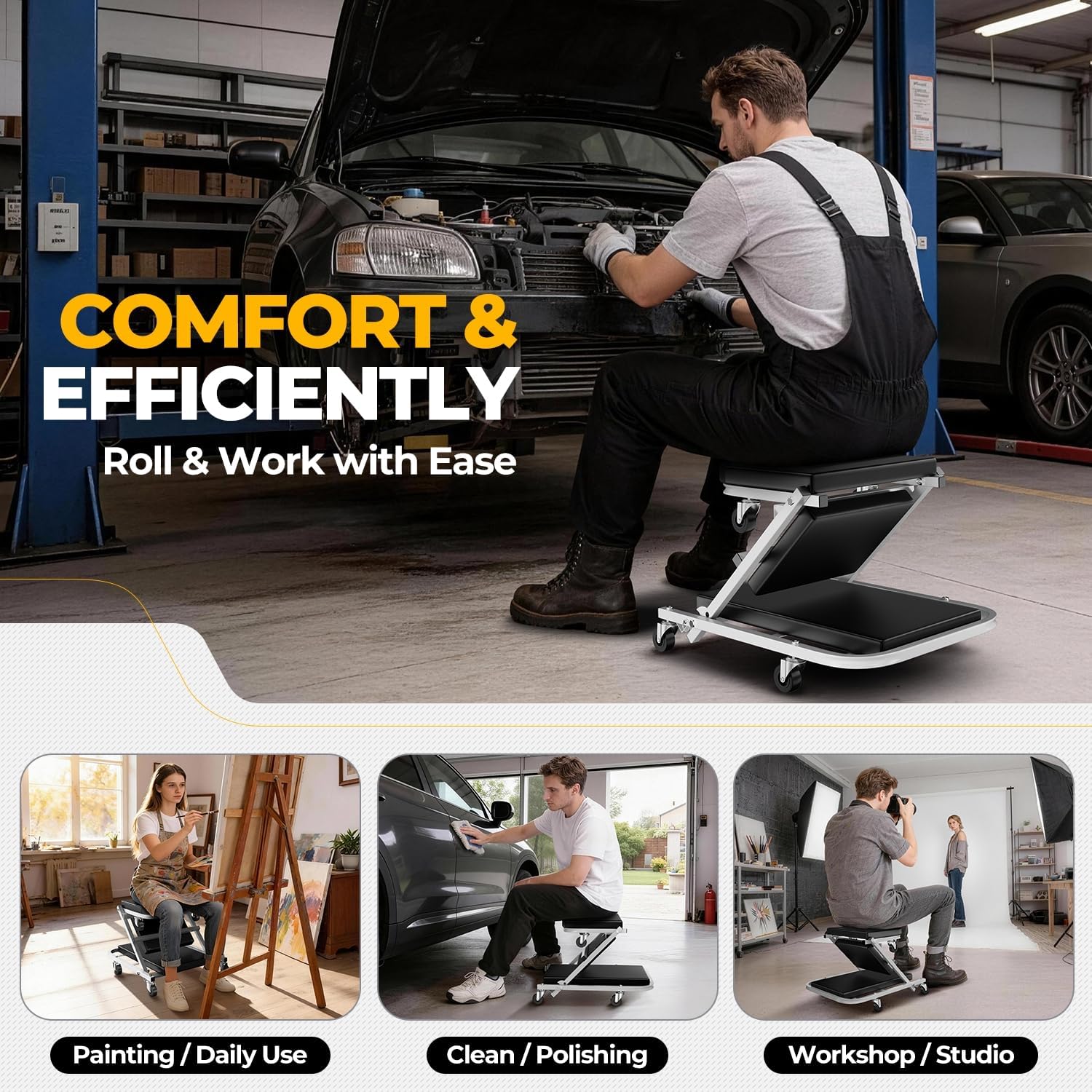 Auto Dynasty 40" Z-Creeper Seat, 2-in-1 Foldable Garage Creeper Shop Seat, 330 LBS Capacity Automotive Mechanic Repair Under Car Rolling Creeper Seat, Silver