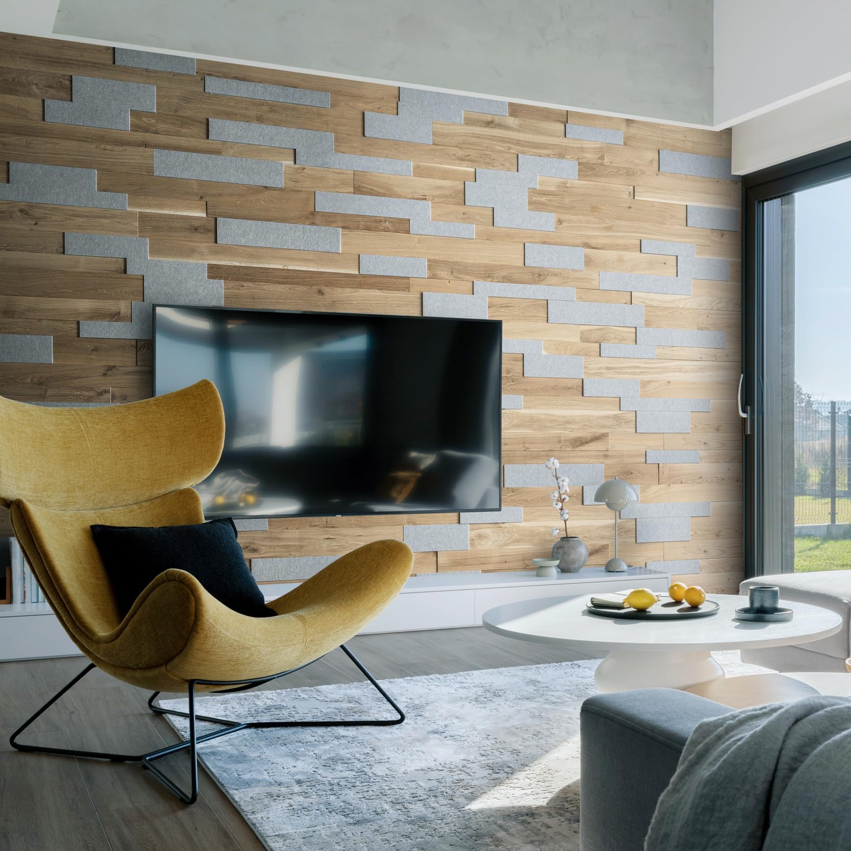 Wooden Wall Design Brown And Grey Ozo Acoustic Platinum Acoustic Wall Panels, Oak And Felt, 3D Wall Panels, Textured Oak, Wood Cladding, Model Ozo Acoustic Platinum (1 M2)