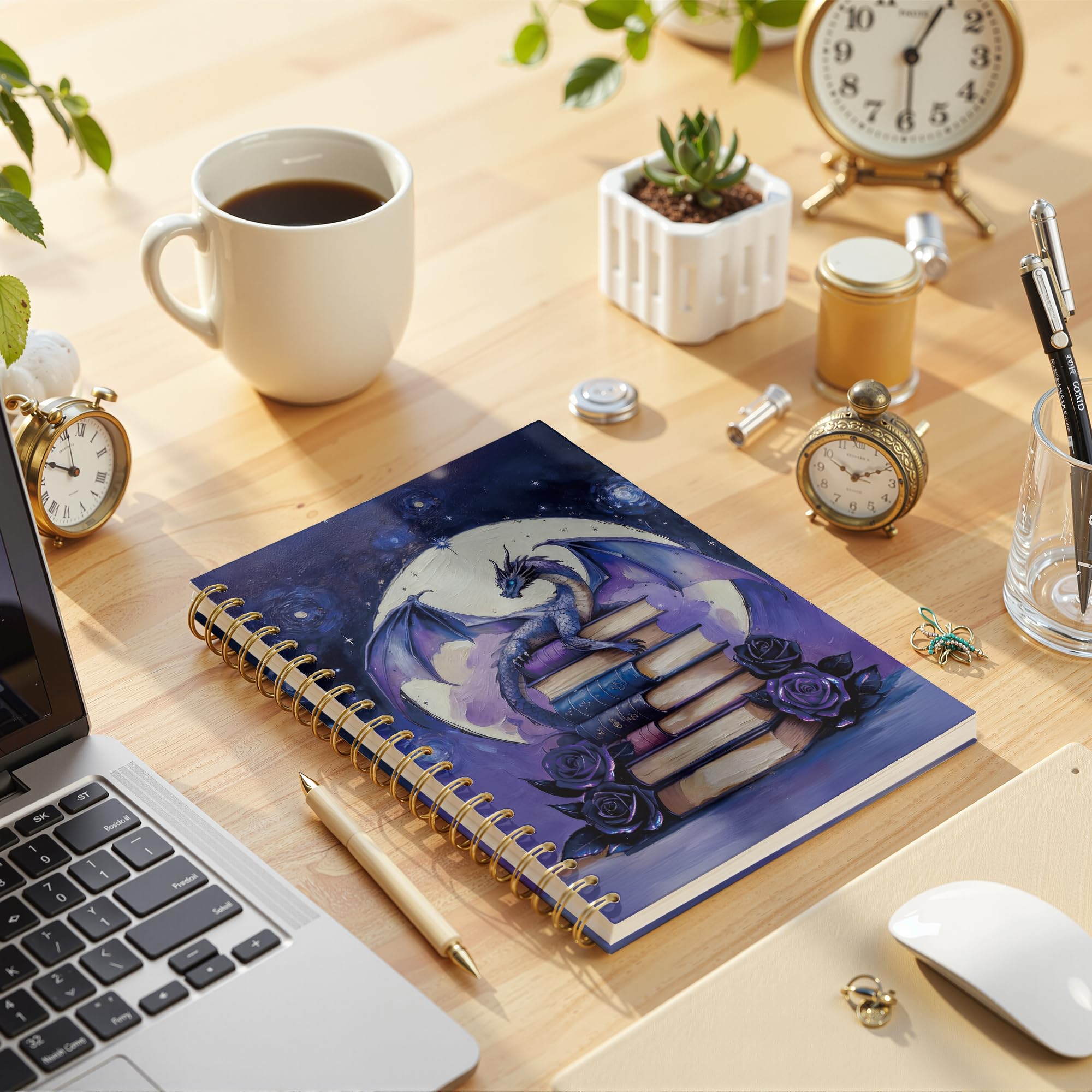 Purple Floral Dragon Books Notizbuch, Lese-Tagebücher für Buchliebhaber, Bücherwurm-Leser, Geschenke, magisches Fantasie-Buchbuch, Spiralbuch, 14 x 21 cm