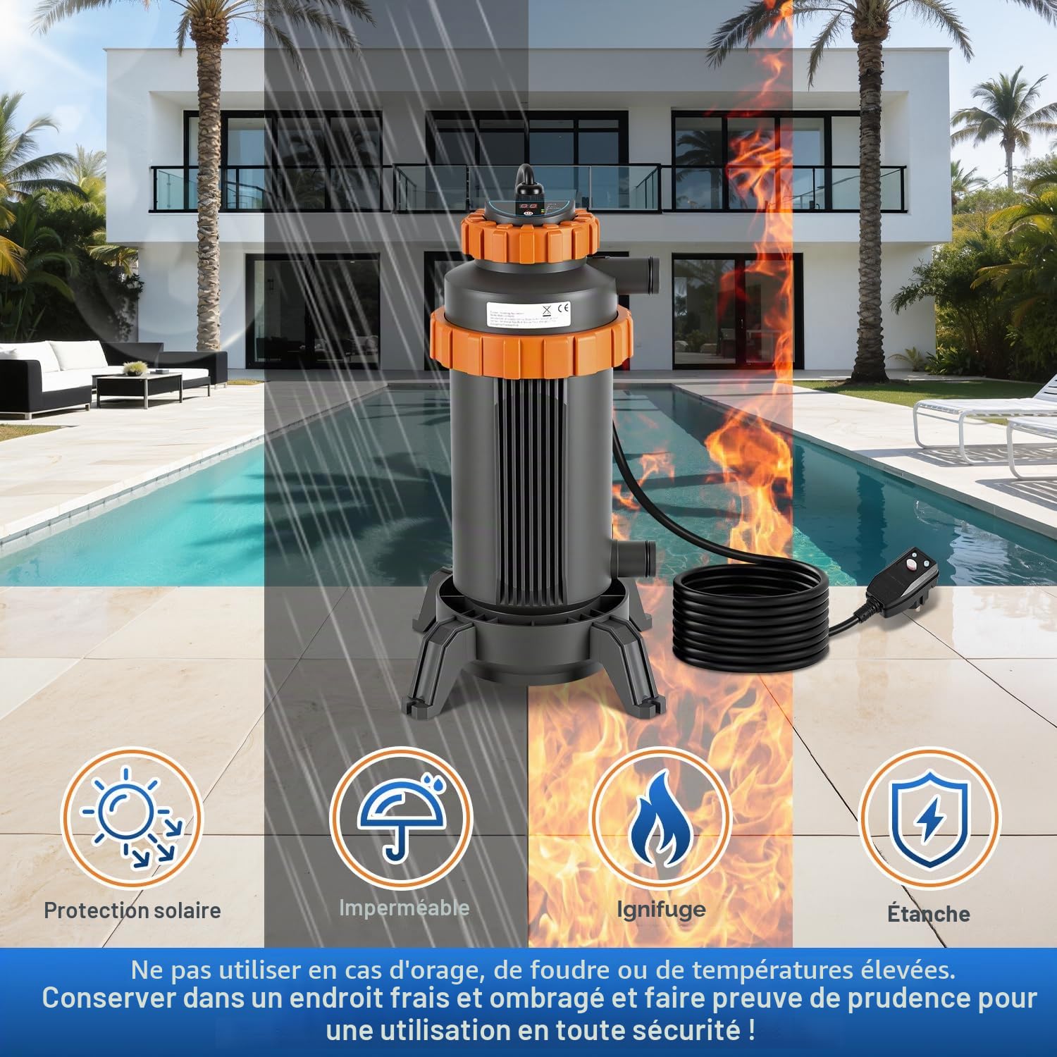 Daromigo Chauffage électrique de piscine 3 kW, Ø 17 x 42 cm, chauffage de piscine électrique, avec numérique, protection contre les fuites, anti-basculement, ignifuge, chauffage jusqu'à 45 °C