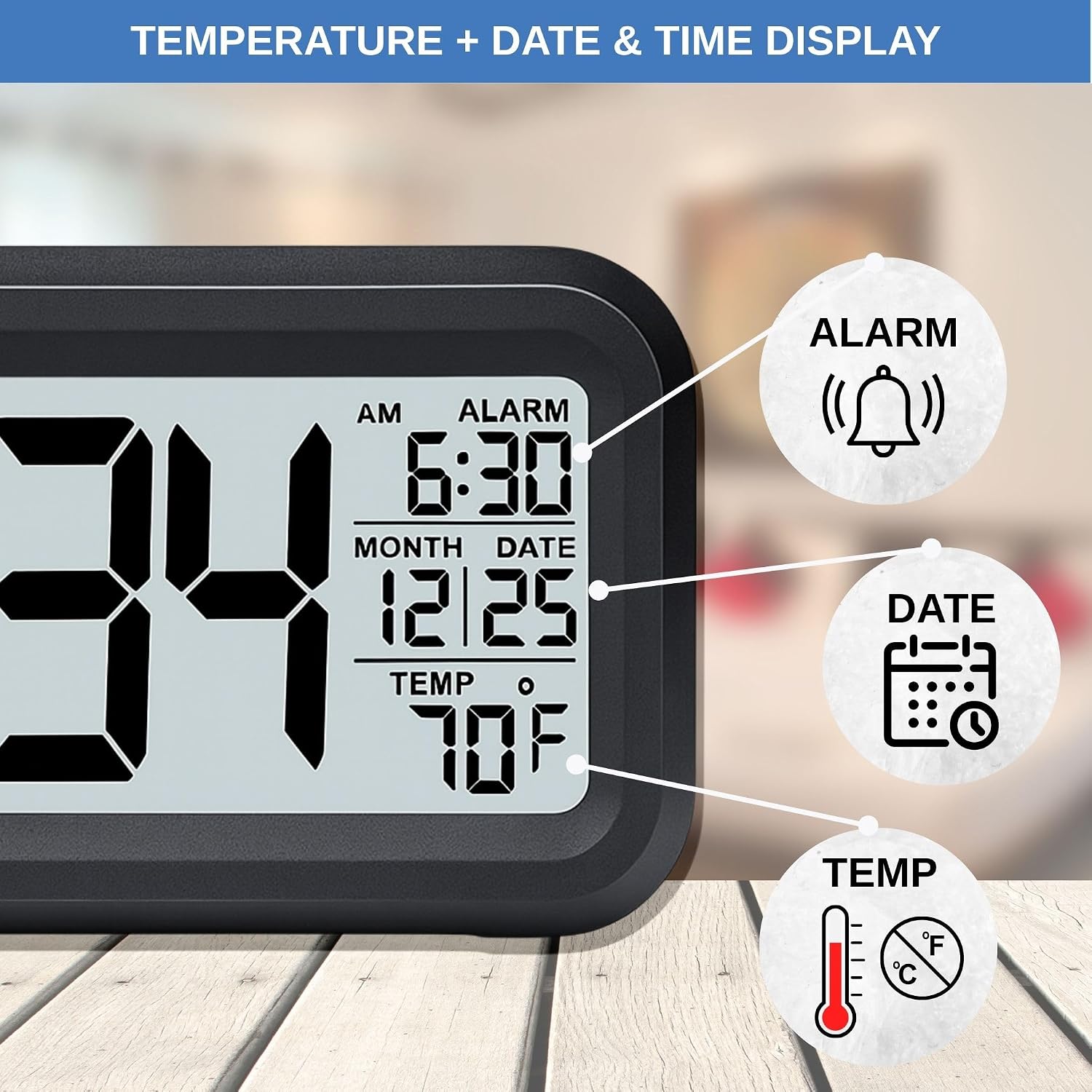 Digital Alarm Clock Battery Operated with Large Display, Night Light Sensor, Temperature and Date | Bedside Clock for Bedroom, Dorm, Office Desk, Bathroom, Kids, Travel
