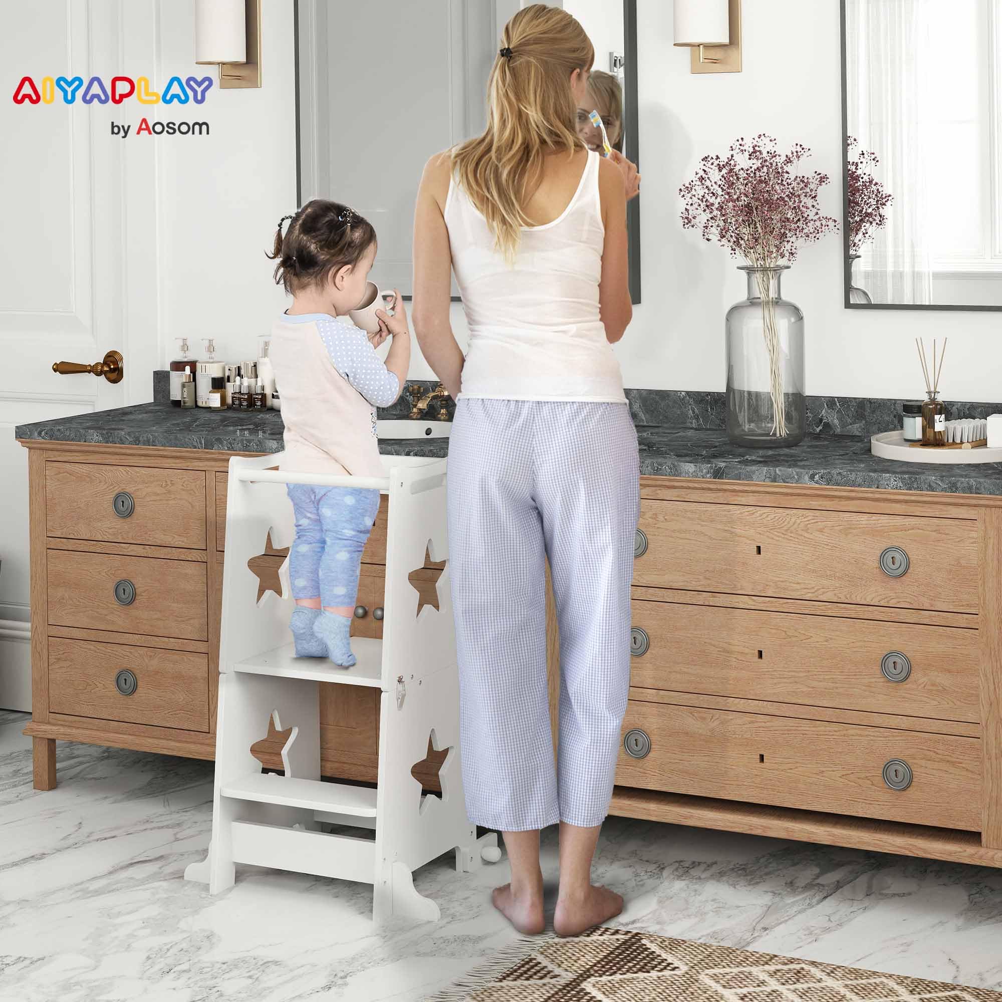 AIYAPLAY Torre Montessoriana Bambini Convertibile Set Tavolo Sedie Barra Sicurezza Sgabello Legno 3-6 Anni Apprendimento Bagno Cucina Toilette Bianco