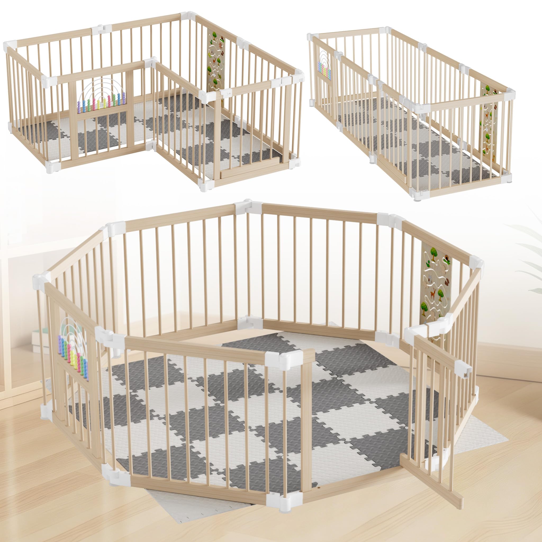 Aufun Parc pour bébé, barrière pliable en bois avec porte, 8 éléments modulables individuellement, barrière de protection, centre d'activités pour tout-petits, tapis de sol inclus