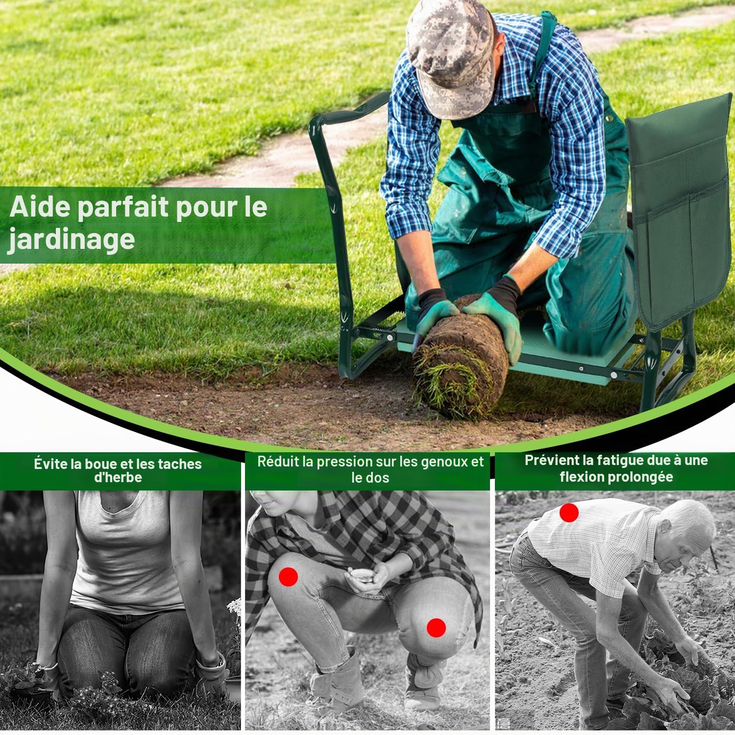Randaco - Banc de jardinage - Agenouilloir avec tapis en mousse Eva - Pliable et portable - Banc de jardin avec sac à outils - Capacité de charge jusqu'à 150 kg