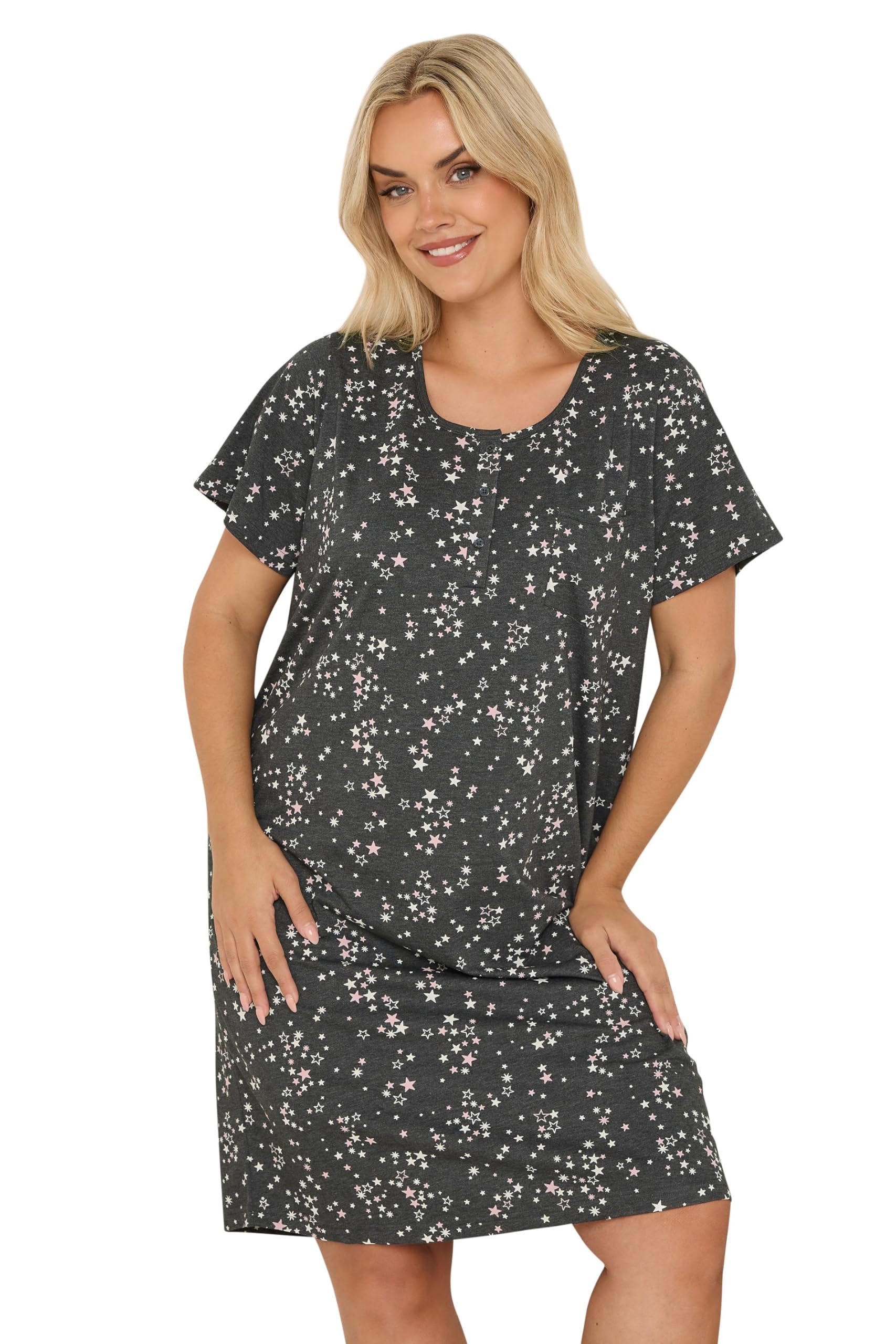 Yours Women's Charcoal Star Placket Nightdress In | Size: 22-24