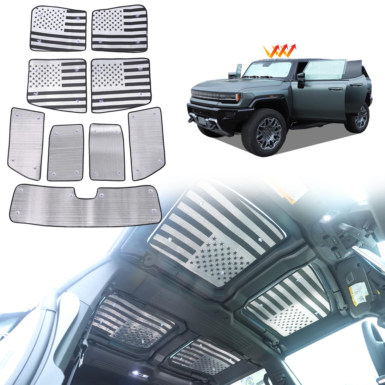 for Hummer EV Accessories 9 Piece Sunshade Roof 1 Piece Front Windshield Sunshade 4 Piece Interior Door Window Sun Shades Fits 2024 and up Compatible with Hummer EV Sunshade Windshield and Sunroof