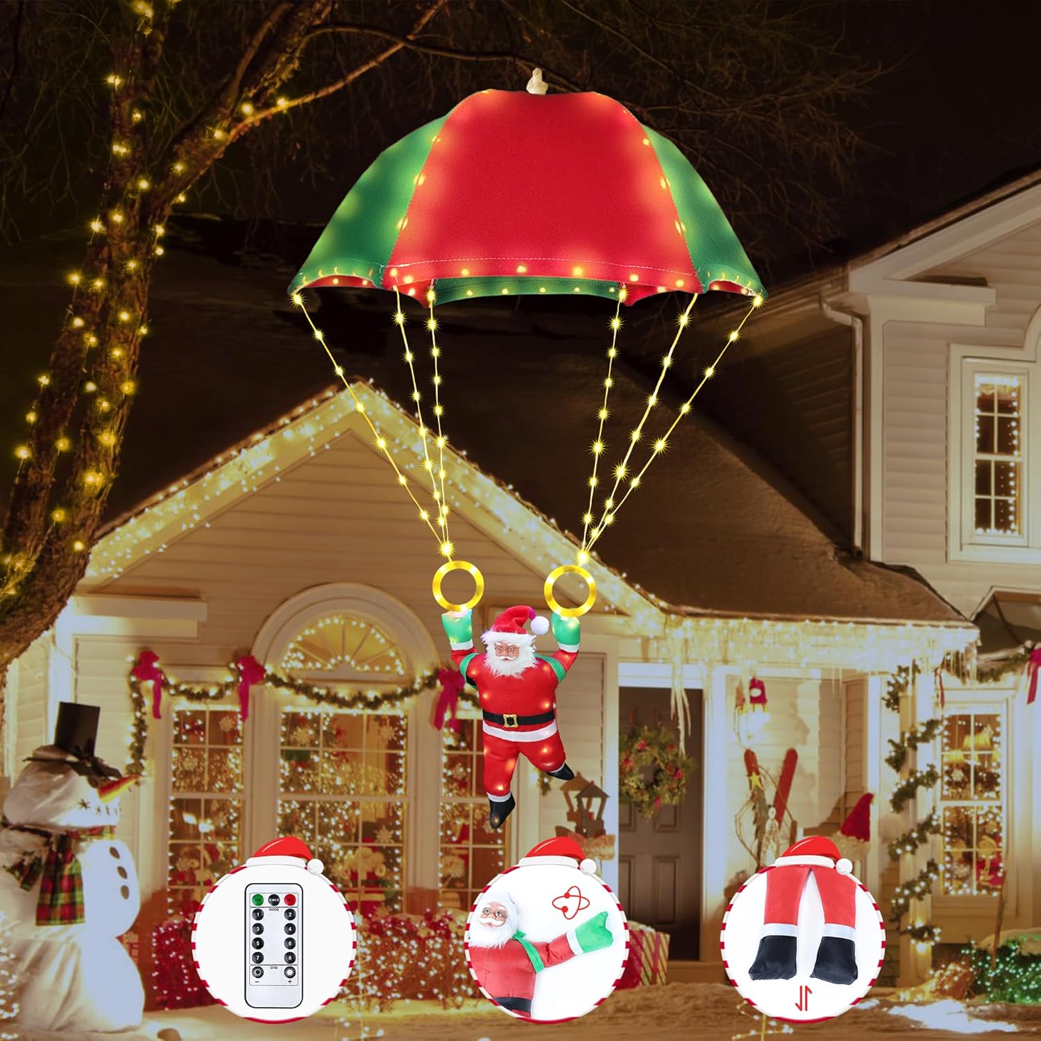 Toodour LED Christmas Lights, 2.8ft x 1.8ft Foldable Parachute Lights with Santa Claus, 8 Mode, Remote, Waterproof Battery Powered Warm White Holiday Decorative Light for Indoor Outdoor Xmas Decor