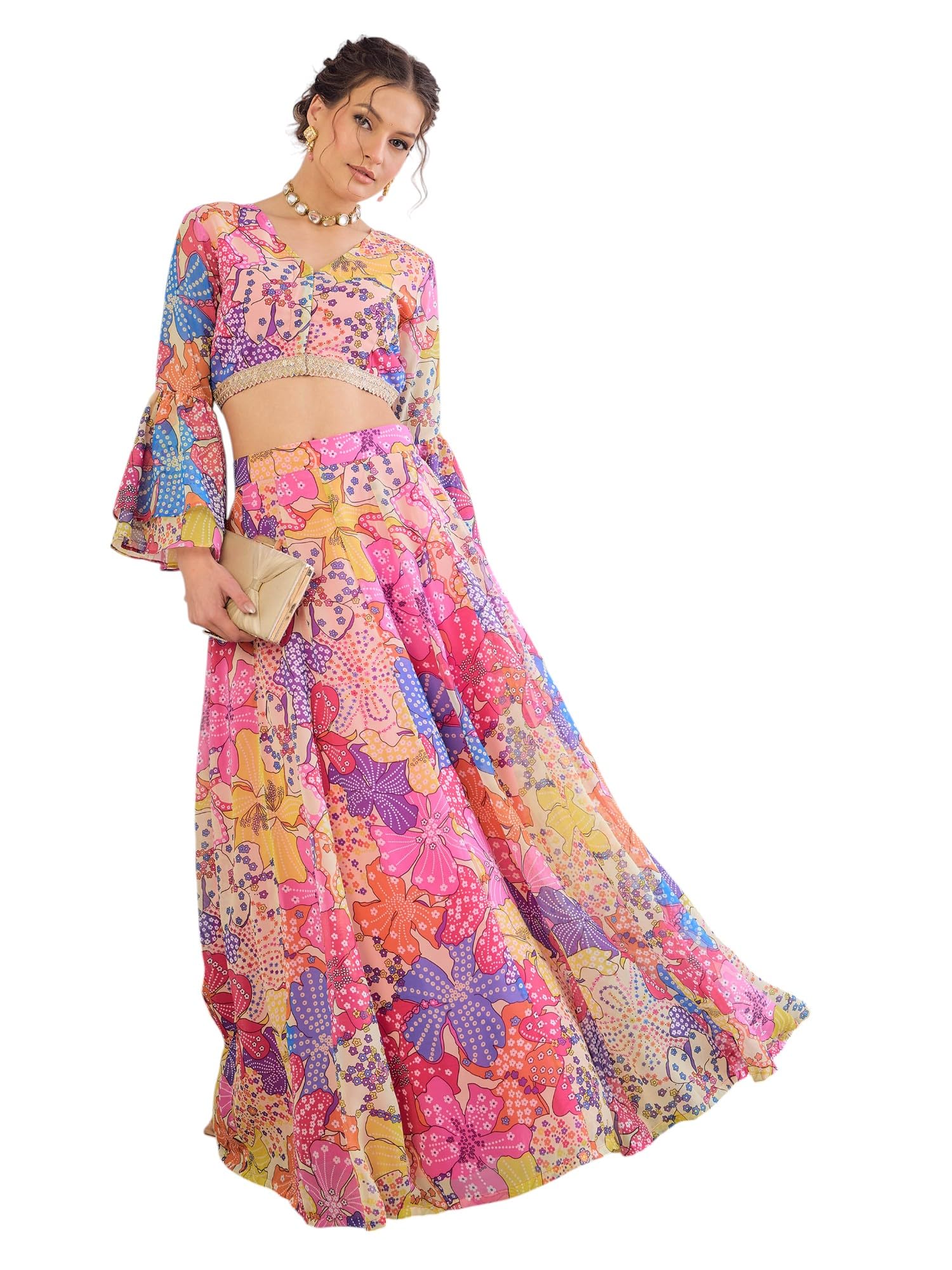 shae by sassafras Pink Floral Frill Sleeves Crop Top With Anarkali Skirt-picture-20