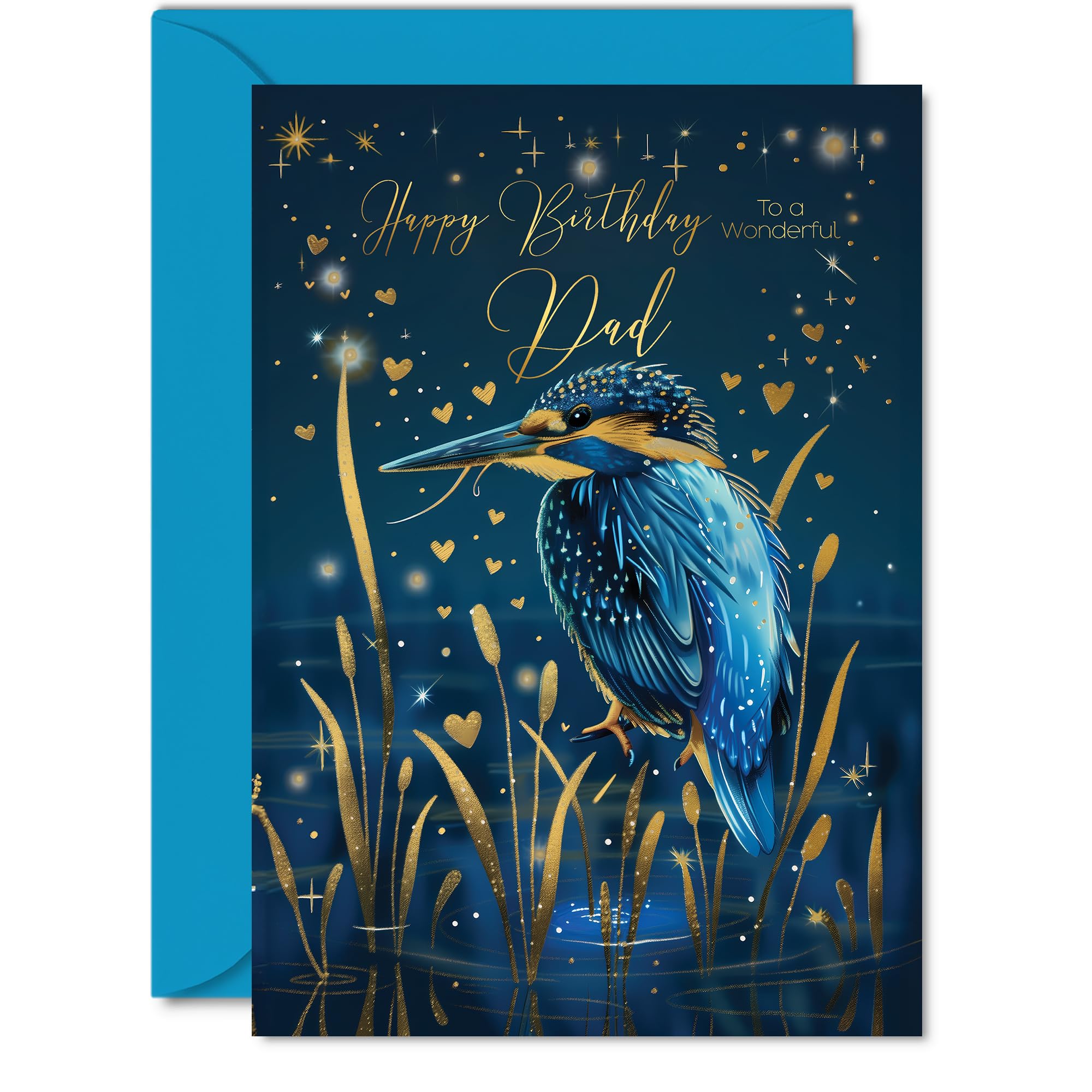 Beautiful Gold Birthday Cards for Dad - Wonderful Golden Kingfisher - Pretty Traditional Elegant Birthday Card for Dad from Son Daughter, A5 Father Gorgeous Greeting Cards Gift