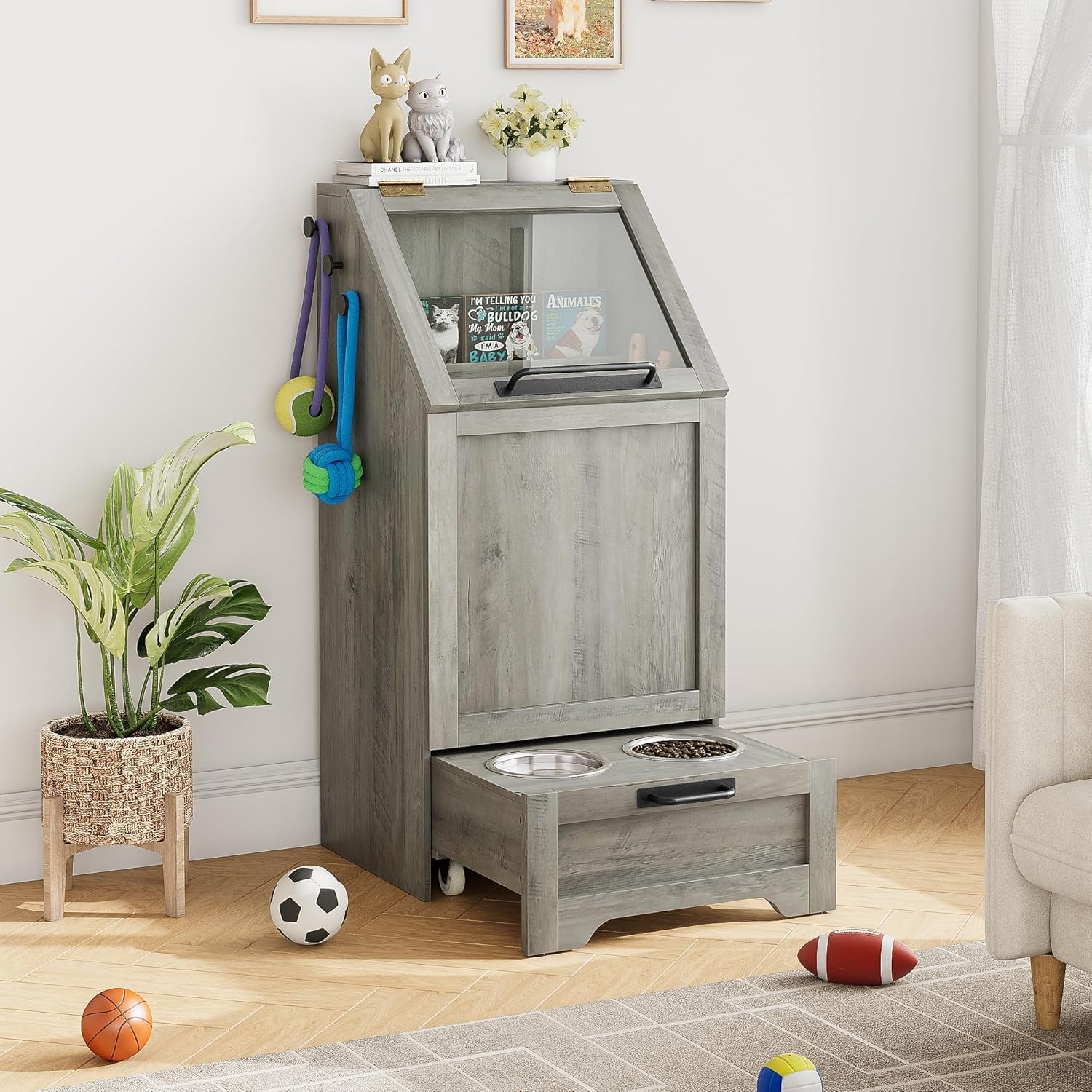 IDEALHOUSE Estación De Alimentación para Perros con Armario De Almacenamiento 11kg - Cuencos Elevados De Acero Inoxidable y Depósito Hermético con Tapa Abatible - Madera para Salón o Cocina (Gris)