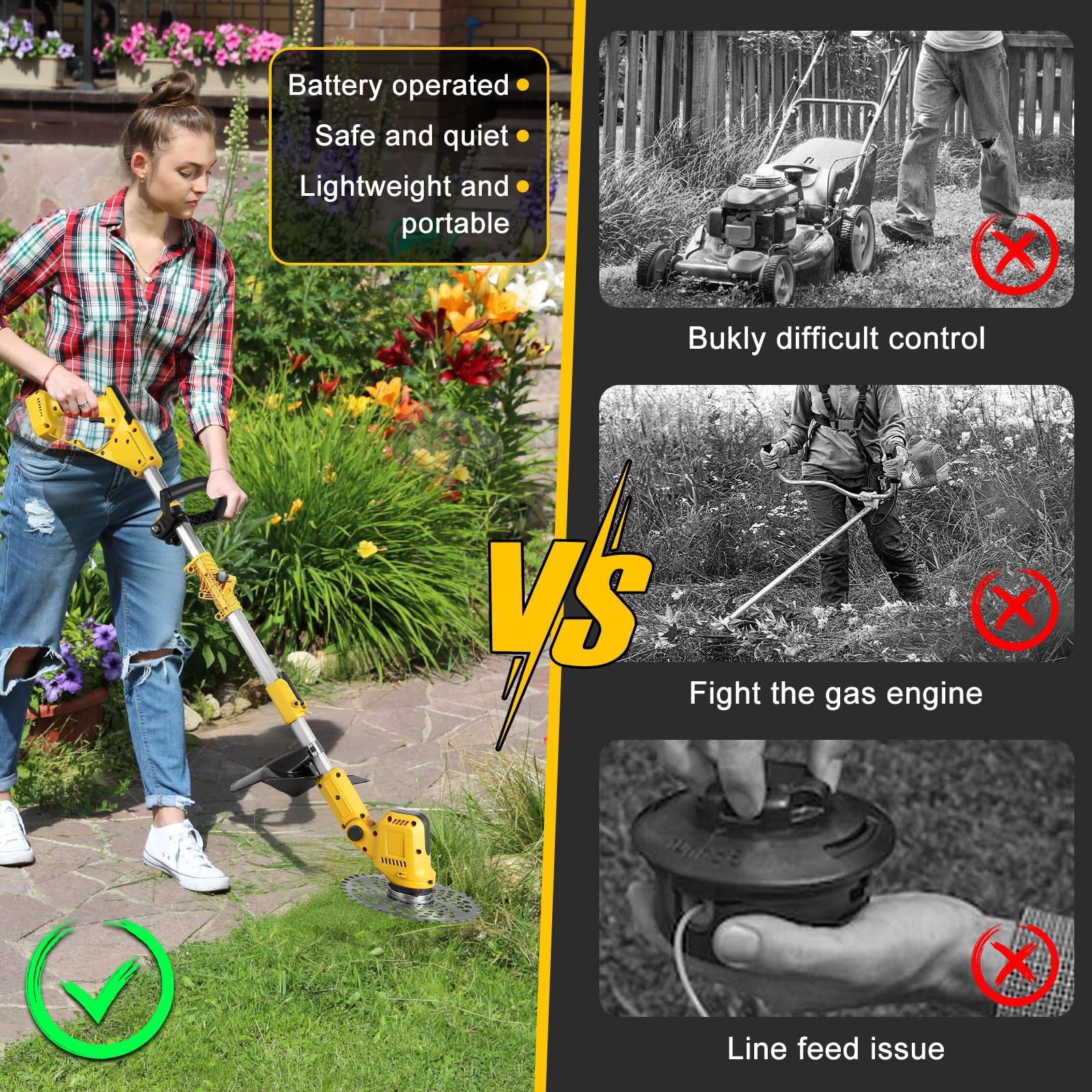 Podkaszarka do trawy ze szczotką do usuwania chwastów do akumulatorów Dewalt, akumulatorowa podkaszarka 20 V, trzonek teleskopowy (szerokość cięcia 24 cm, 9000 obr./min) do przycinania trawnika