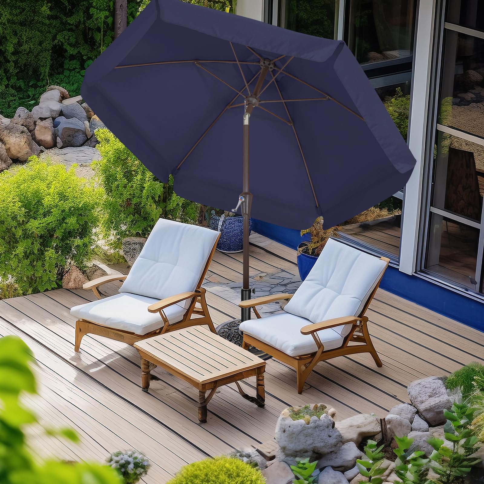 ABCCANOPY Sombrilla de patio de 2,3 m con inclinación y manivela para jardín, terraza, patio trasero y piscina, azul marino