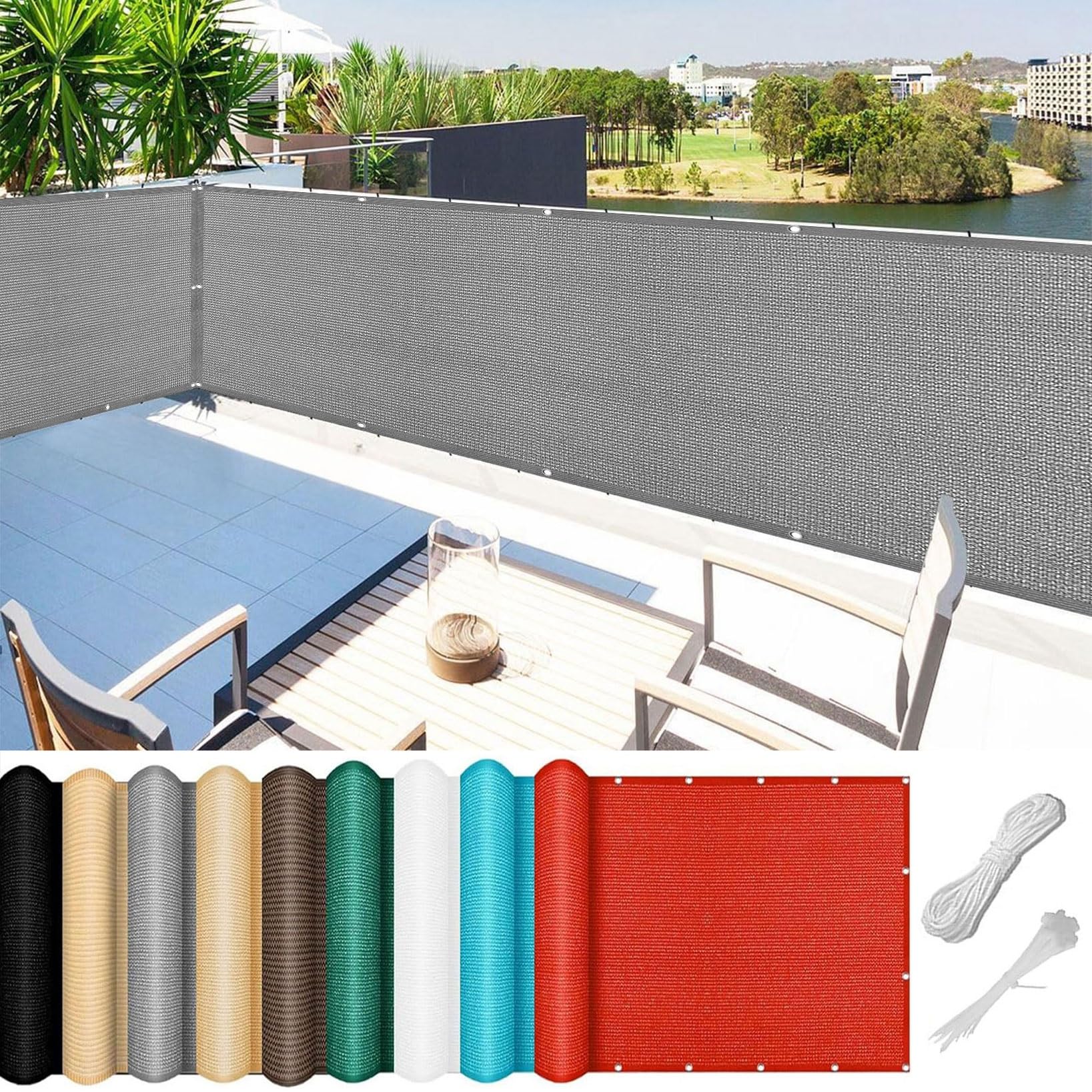 Balcony Privacy Screen 35 x 110 cm UV Protection Sun Wind Garden Privacy Protective Screens No Drilling, with Rope and Eyelets for Garden, Fence, Terrace, Porch, Light Grey