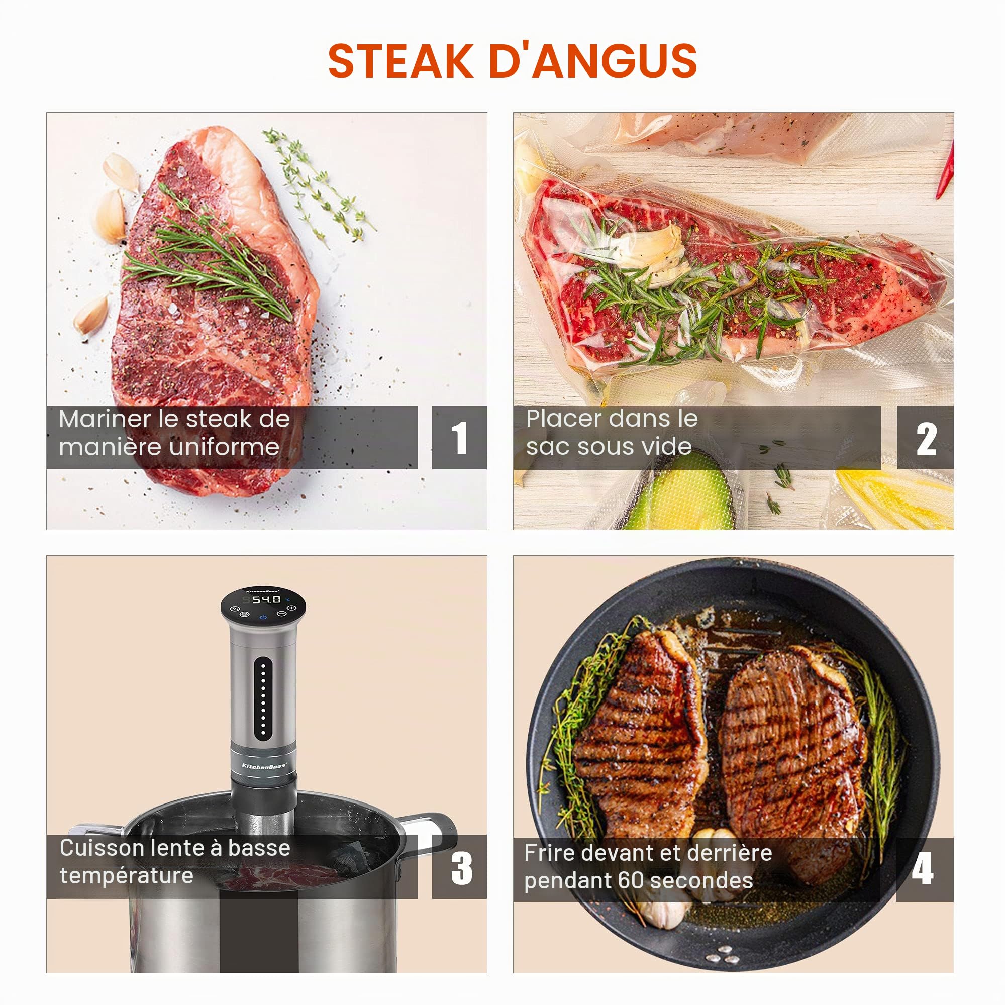 KitchenBoss Sous Vide Roner Cuisine à basse température Slow Cooker Circulateur thermique professionnel IPX7 étanche, minuterie avec écran tactile, argent