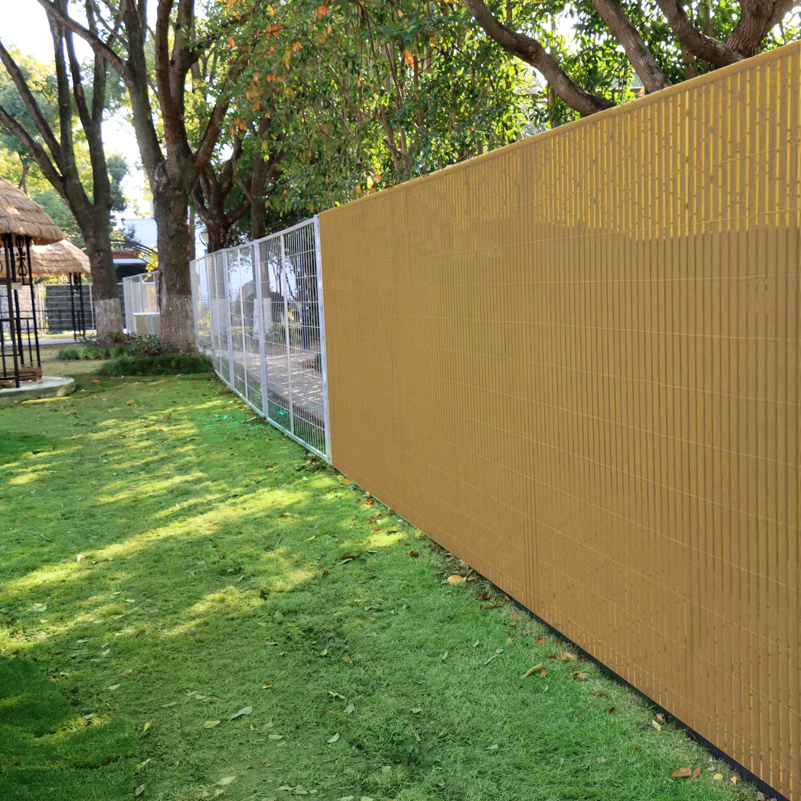 Bambusowa żółta mata PCW na balkon i ogród, wodoodporna ochrona przed wiatrem z opaskami kablowymi, 120 x 400 cm, ochrona prywatności na zewnątrz na taras i patio