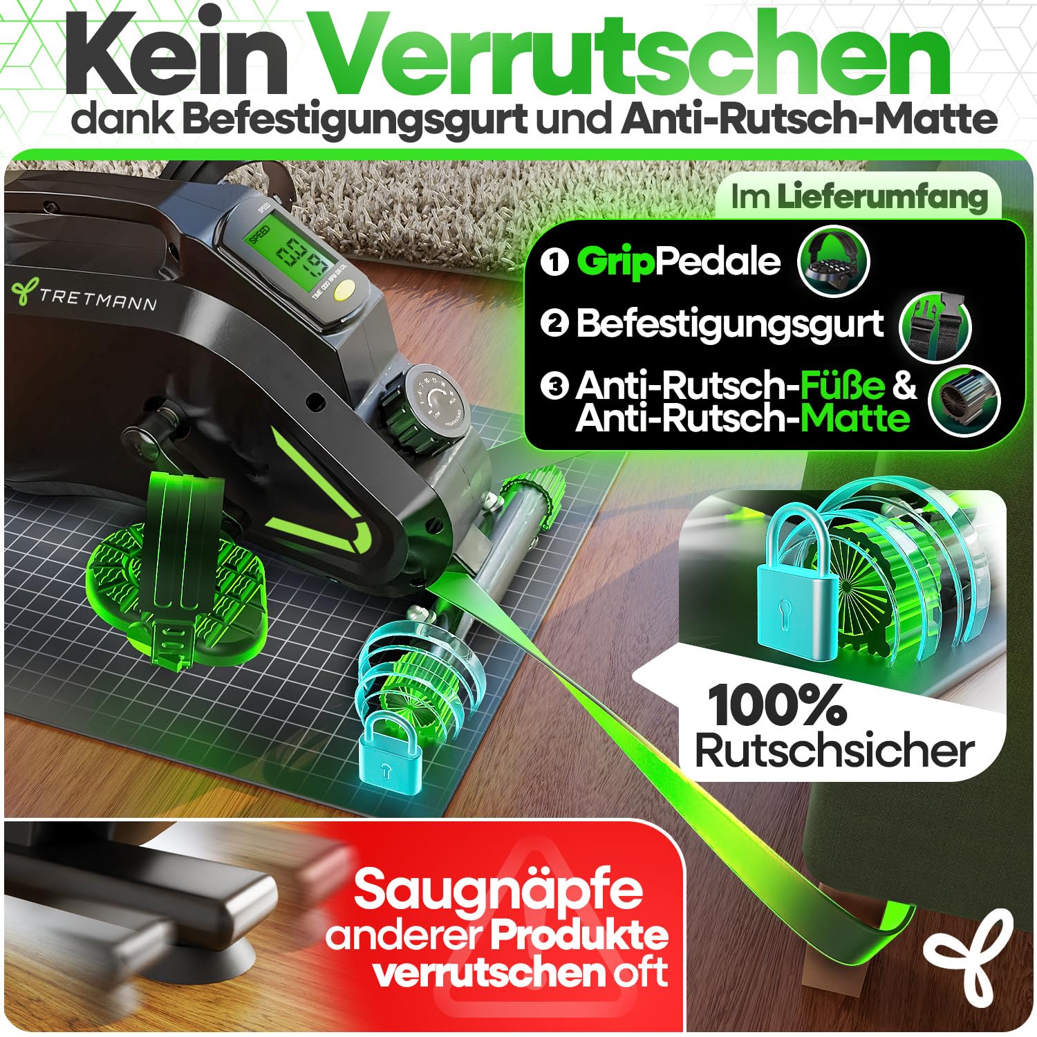Tretmann Pedaltrainer Pro Set [Das Orginal] extra Leise & gelenkschonend + Anti-Rutsch-Matte & Befestigungsband -DEKRA Geprüft- Beintrainer für Senioren Heimtrainer senioren Mini Bike tischfahrrad