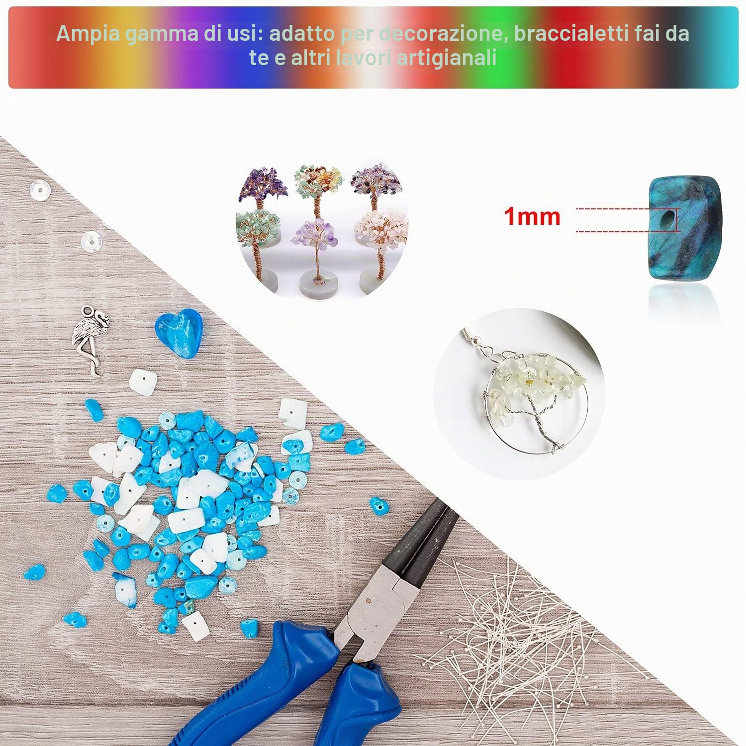 SWAWIS Set di 24 pietre preziose con foro, 4 – 8 mm, perline di pietra irregolari, pietre preziose, per il fai da te, con perline distanziatrici, anelli di piegatura