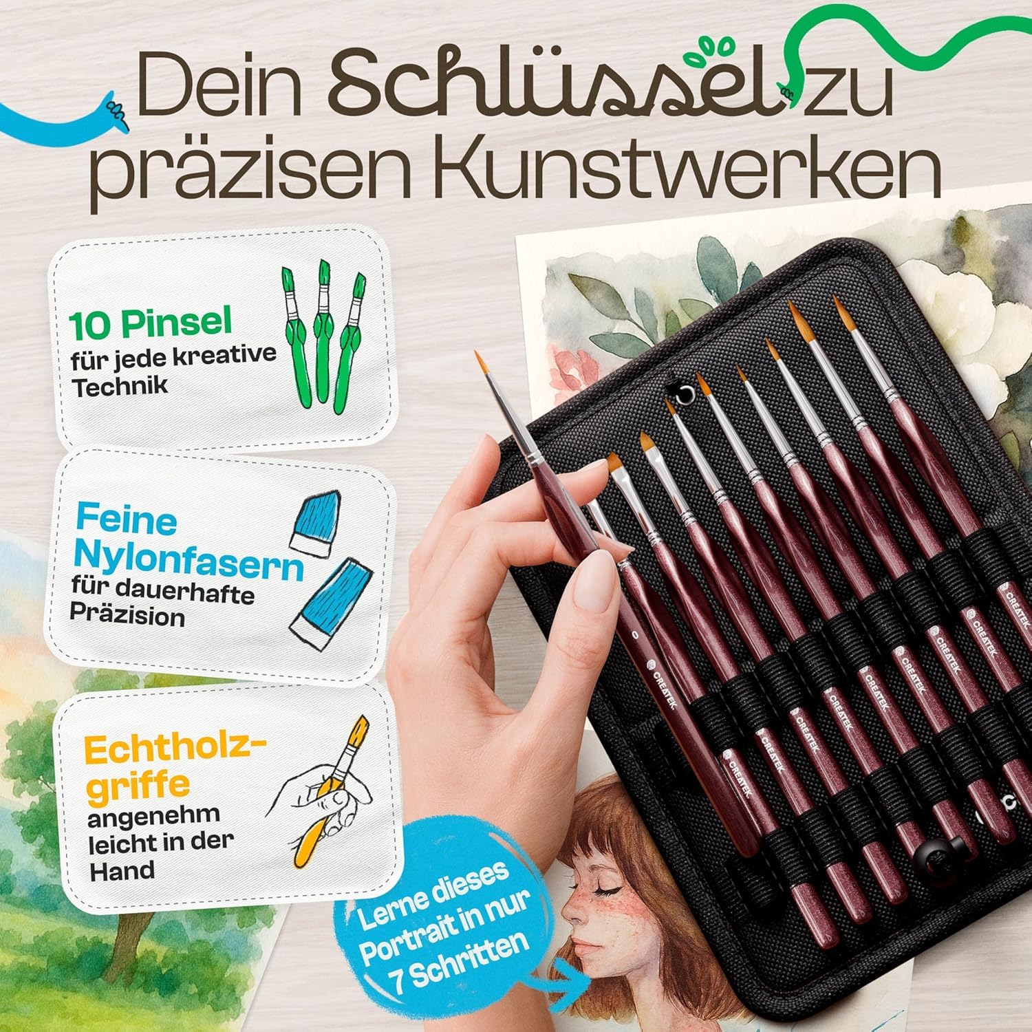 CreaTek Premium detail-kwastenset acrylverf - 10 extra fijne penselen voor de hoogste precisie & details - je betrouwbare acrylpenseel schilderen op nummer voor modelbouw en miniaturen