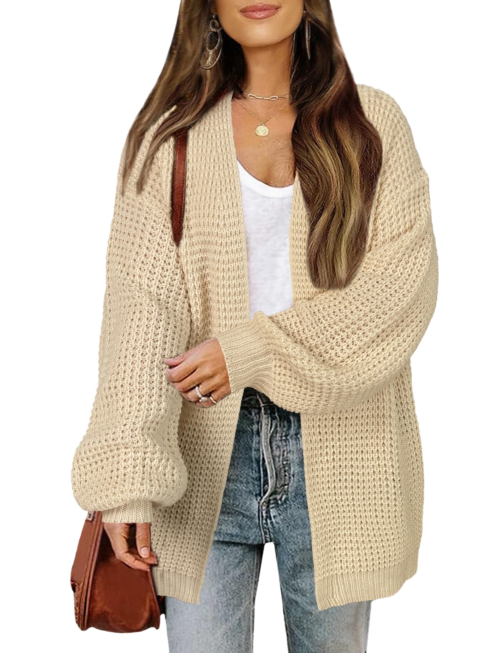 Womens Oversized Lightweight Waffle Knit Long Cardigan Spring 2025 Trendy Casual Outfits Open Front Duster Sweater