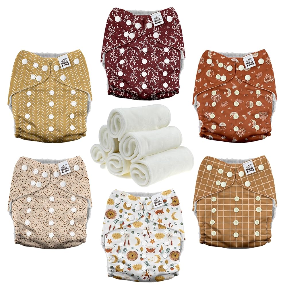 Mama Koala 3.0 Pocket Cloth Diapers for Babies with AWJ Lining, 6 Pack with 6 4-Layer Natural Cloth Diaper Inserts - Reusable and Washable Pocket Diapers(Lucky Colors)